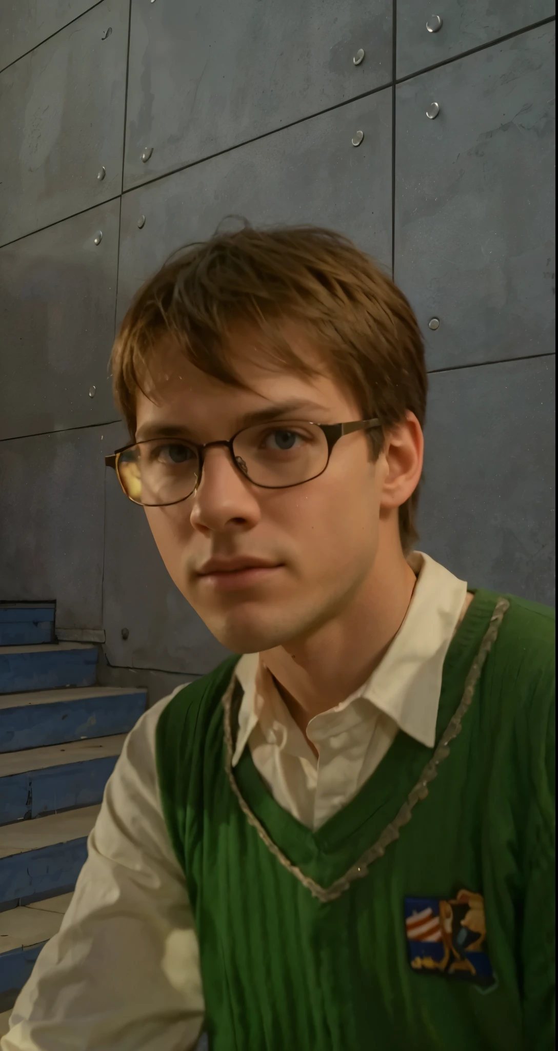 Real life adaption of this character , American boy face, cool expression,same hair, man body,(realistic same outfit wear glasses) ,realistic same background , realistic light, realistic shadow, realism, hyper realistic,(photorealistic:1.2), normal small eyes, normal hand,