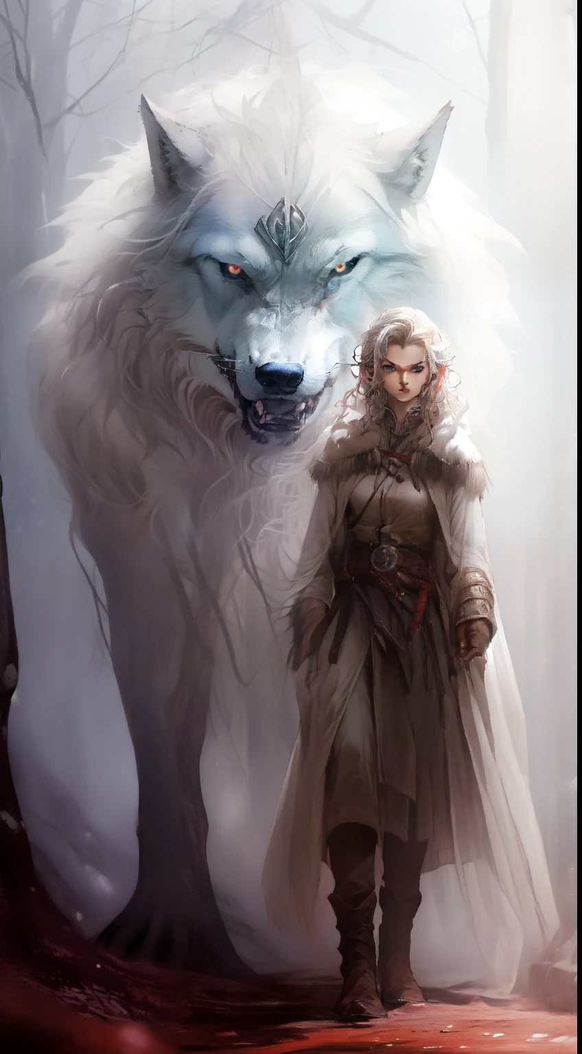 ((masterpiece, best quality)), (fractal art:1.3), viking elf girl, fantasy, Standing with ancient wolf, concept yoji shinkawa, concept art, painting, frank frazetta, BREAK, (elf:1.2), 1girl, solo, (silver long Hair:1.15), Blunt bangs, (hair between eye), Blue Eyes, (beautiful detailed face:1.2)，art style by Artgerm, by Wadim kashin, by Kawacy, BREAK, (1animal), ((wolf)),  fluffy, big, White fur, BREAK, ((ancient viking clothes))，fluffy cloak,  big breast, long black glovelack pantyhoses with white boots, BREAK, eyelashes, eyeshadow, pink eyeshadow, BREAK, extremely detailed, dynamic angle, dynamic pose, the most beautiful form of chaos, elegant, a brutalist designed, Setting is a Scandinavian forest in winter,