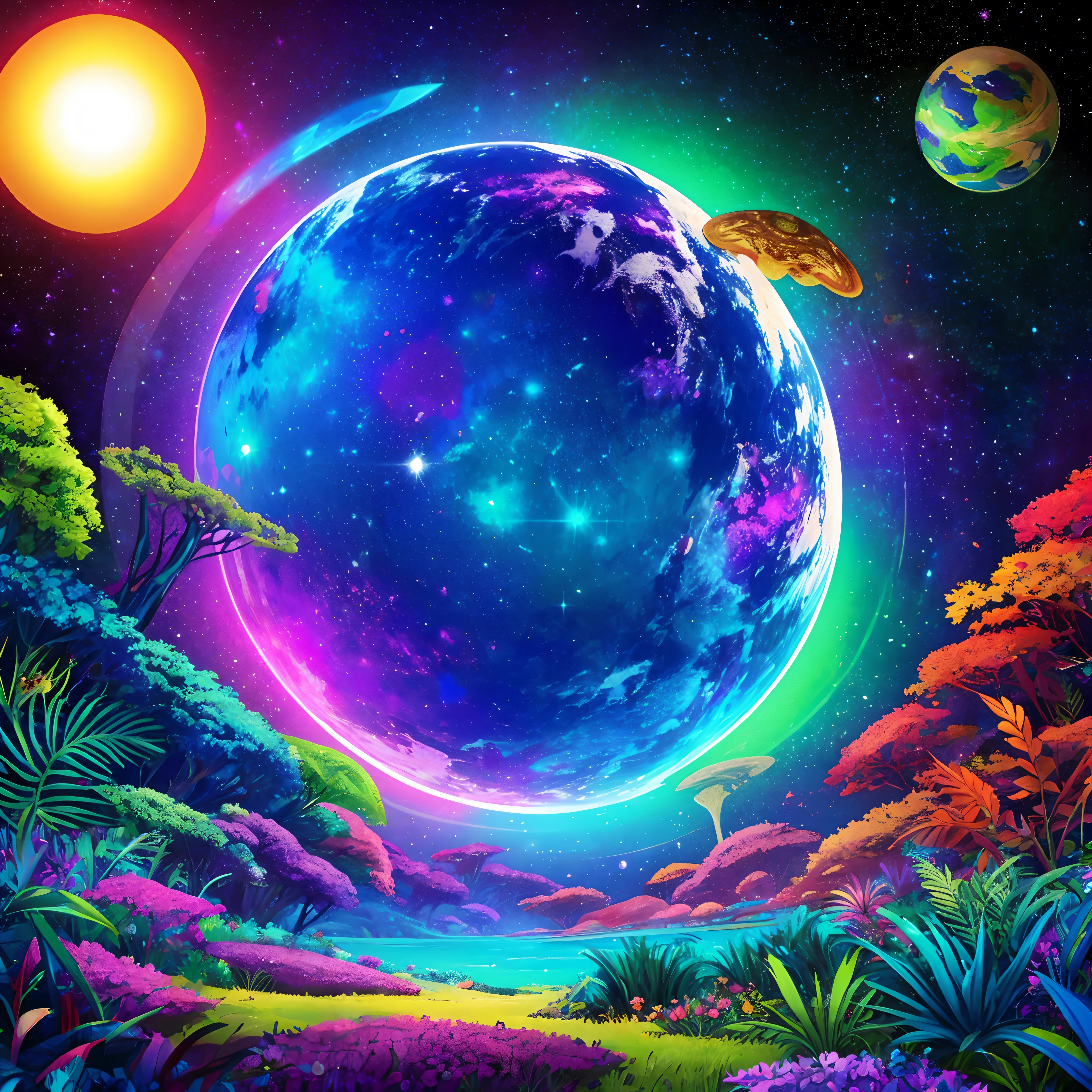 alien planet, exotic foliage, animais extraterrestres, psychedelic horizon, planetas alucinantes, psychedelic colours.