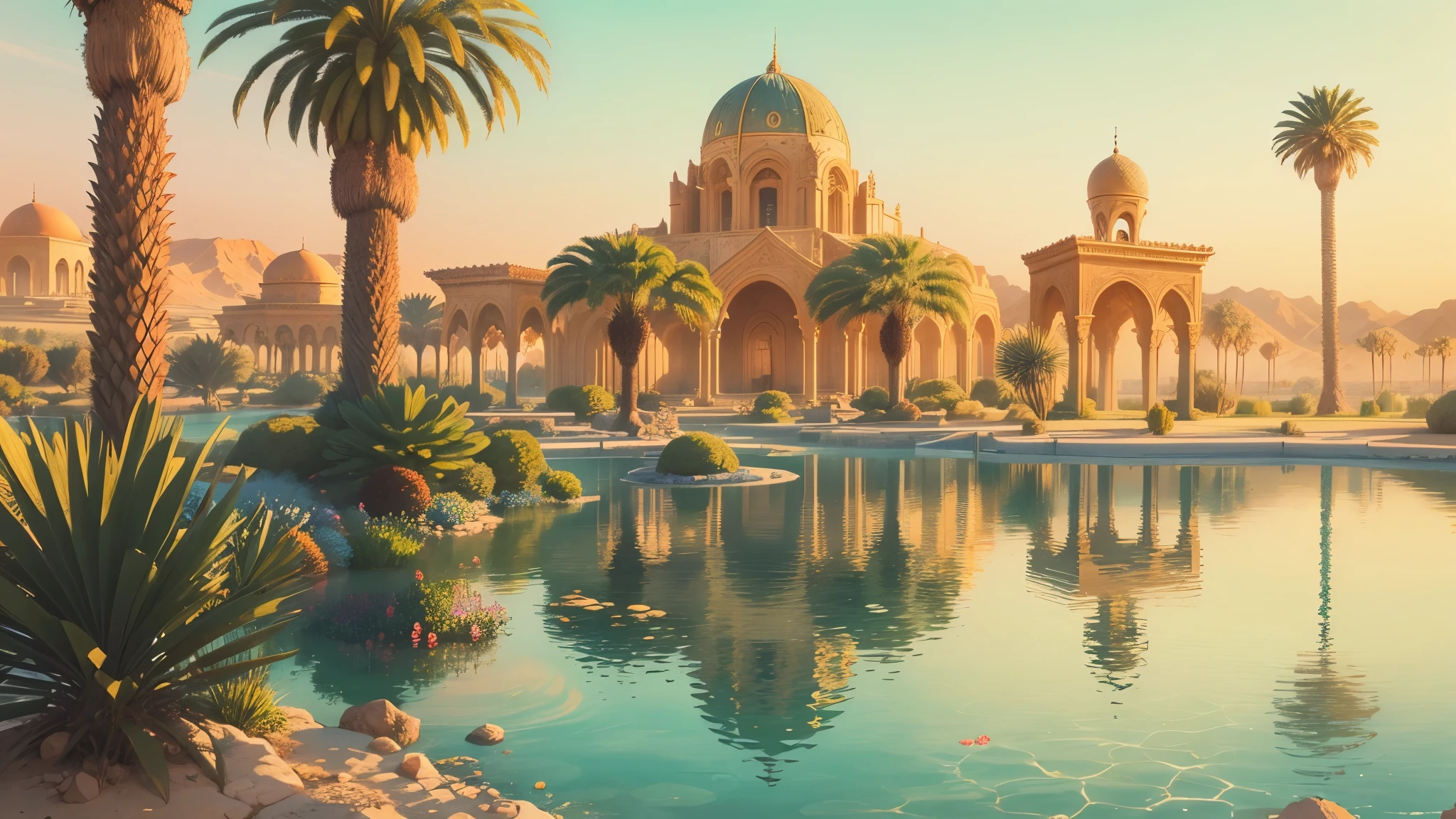 Create a detailed anime sketch of an oasis in the midst of a vast desert, where sparkling water reflects the vibrant colors of a magical sunset. Use a low-angle perspective to showcase the ornate architecture of the oasis, surrounded by palm trees and mystical desert flora.