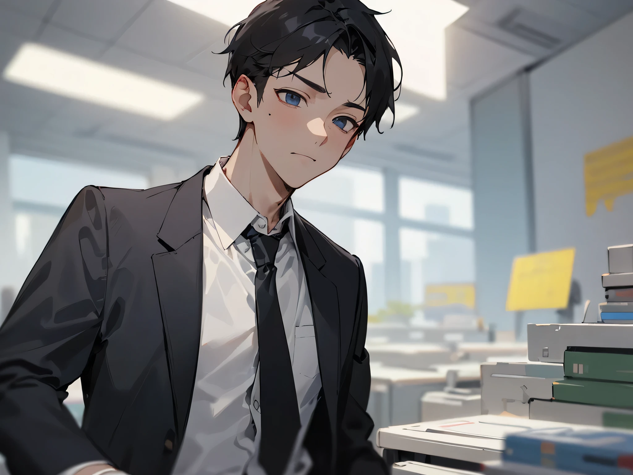 1boy，adult，Impatient expression，Business suit，jacket，whiteshirt，upper body,necktie，dull,pants，best quaity，employee，face detail，((background office))