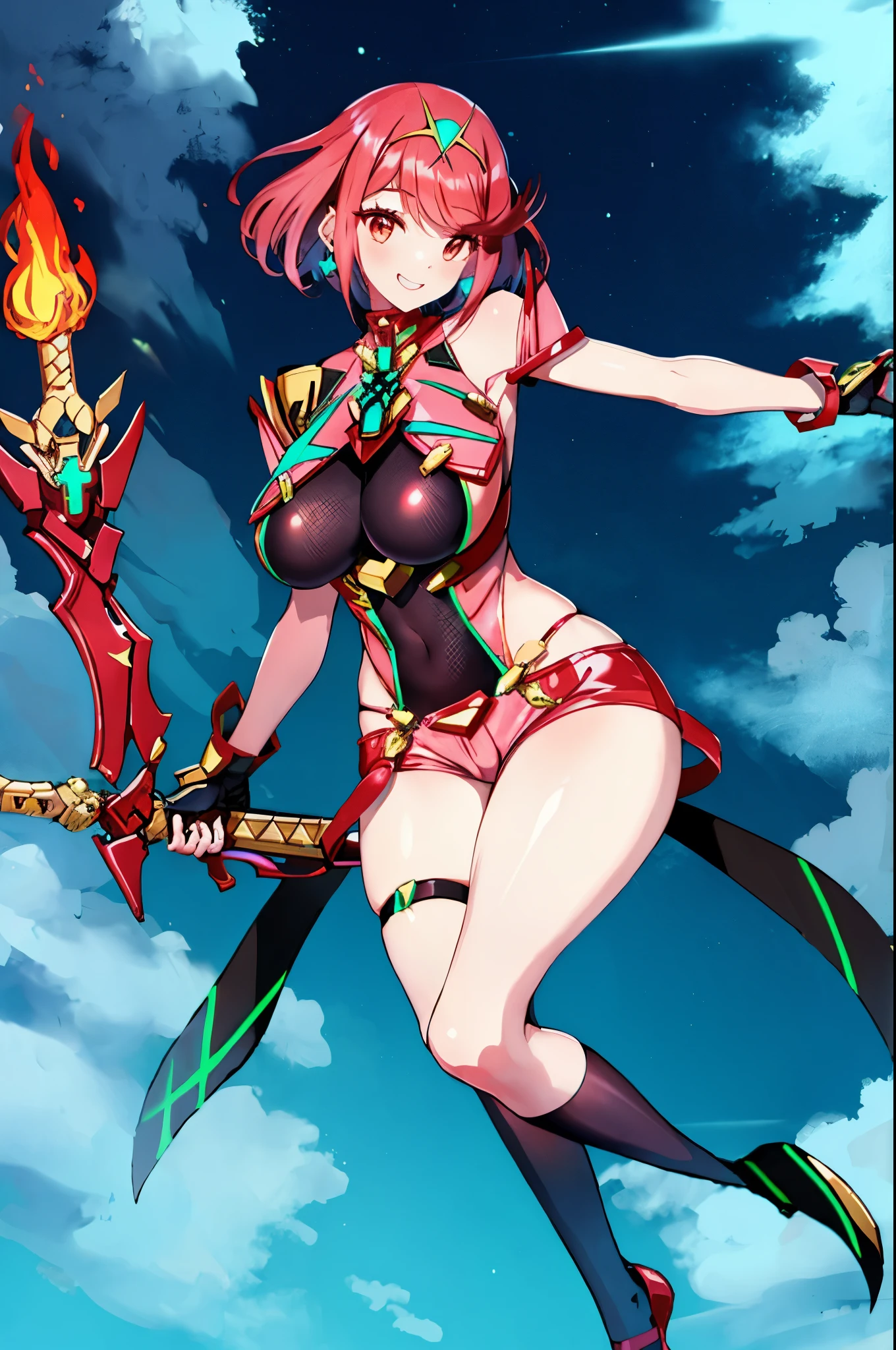 pyra \(xenoblade\), _1girl, , bangs, black gloves, breasts, red eyes, shout, earrings, eyelashes, fingerless gloves, floating hair, , gem, gloves, hair ornament, headpiece, jewelry, big_breasts, leaning back, swimsuit, neon trim, official art, pose, red hair, saitou masatsugu, short hair, sidelocks, skin tight, solo, swept bangs, thighhighs, tiara, fantasy_town_background, underbust, xenoblade chronicles \(series\), (xenoblade chronicles 2), (spread_legs:1.1), fire_effect,fighting,light_smile, big_ass,huge_sword, hold_large_sword_hilt, covered_nipples, covered_pussy, fists,beautiful_fingers,(solo:1.1), bare_shoulder,(shoulder_naked:1.2), (very_short_shorts:1.3),(lise_leg:1.4)