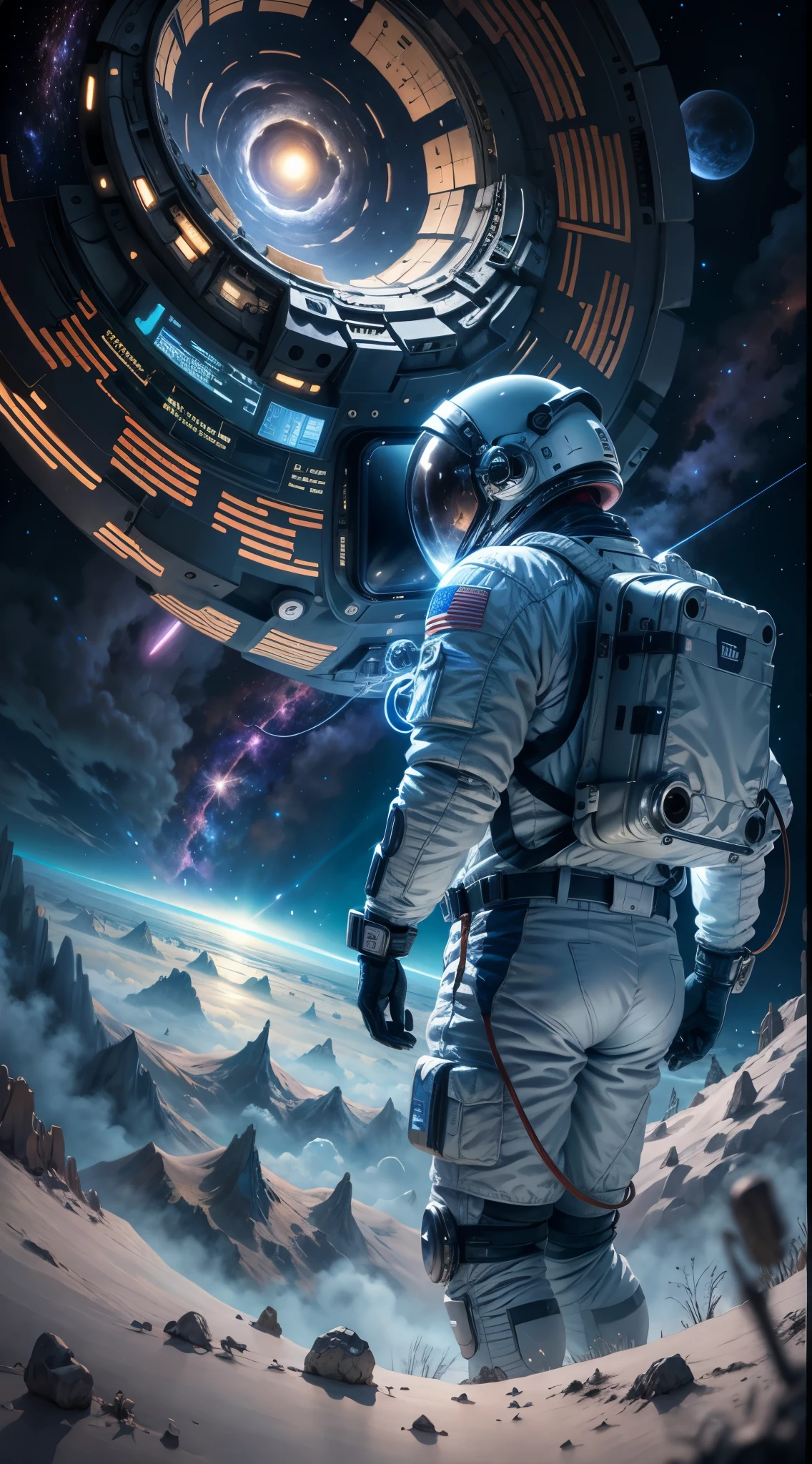 （（masterpiece）），（（best quality）），8k，high detail，Ultra-detailed，This painting depicts a stunning image scene of a magnificent space。Pictured is a man wearing a spacesuit，facing the audience，Look at a blue glowing planet in space，The scene details are very rich，Clarity is extraordinary，Capture every intricate detail of the panorama，the background is the milky way galaxy