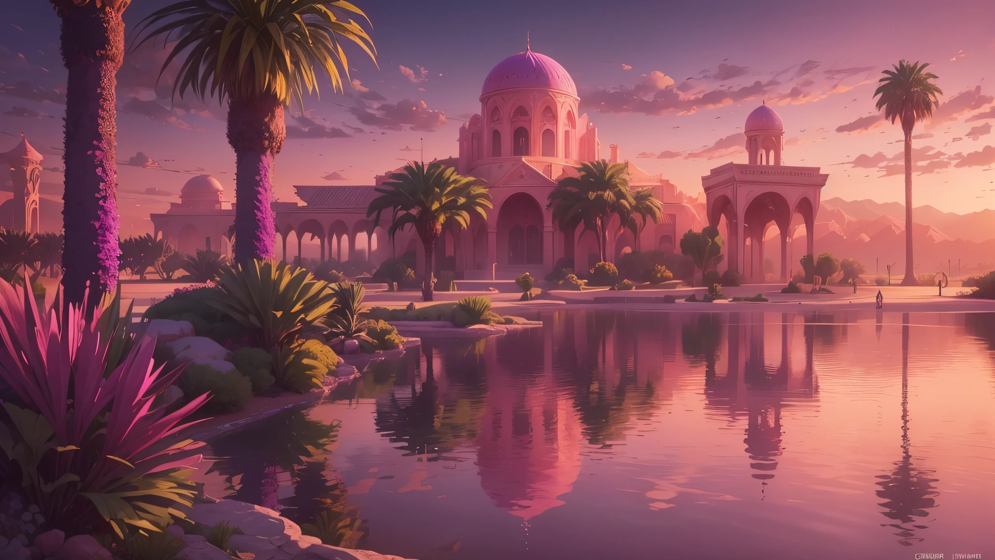 Create a detailed anime sketch of an oasis in the midst of a vast desert, where sparkling water reflects the vibrant colors of a magical sunset. Use a low-angle perspective to showcase the ornate architecture of the oasis, surrounded by palm trees and mystical desert flora. ((Pink and purple color tone)), ((pink color grading))