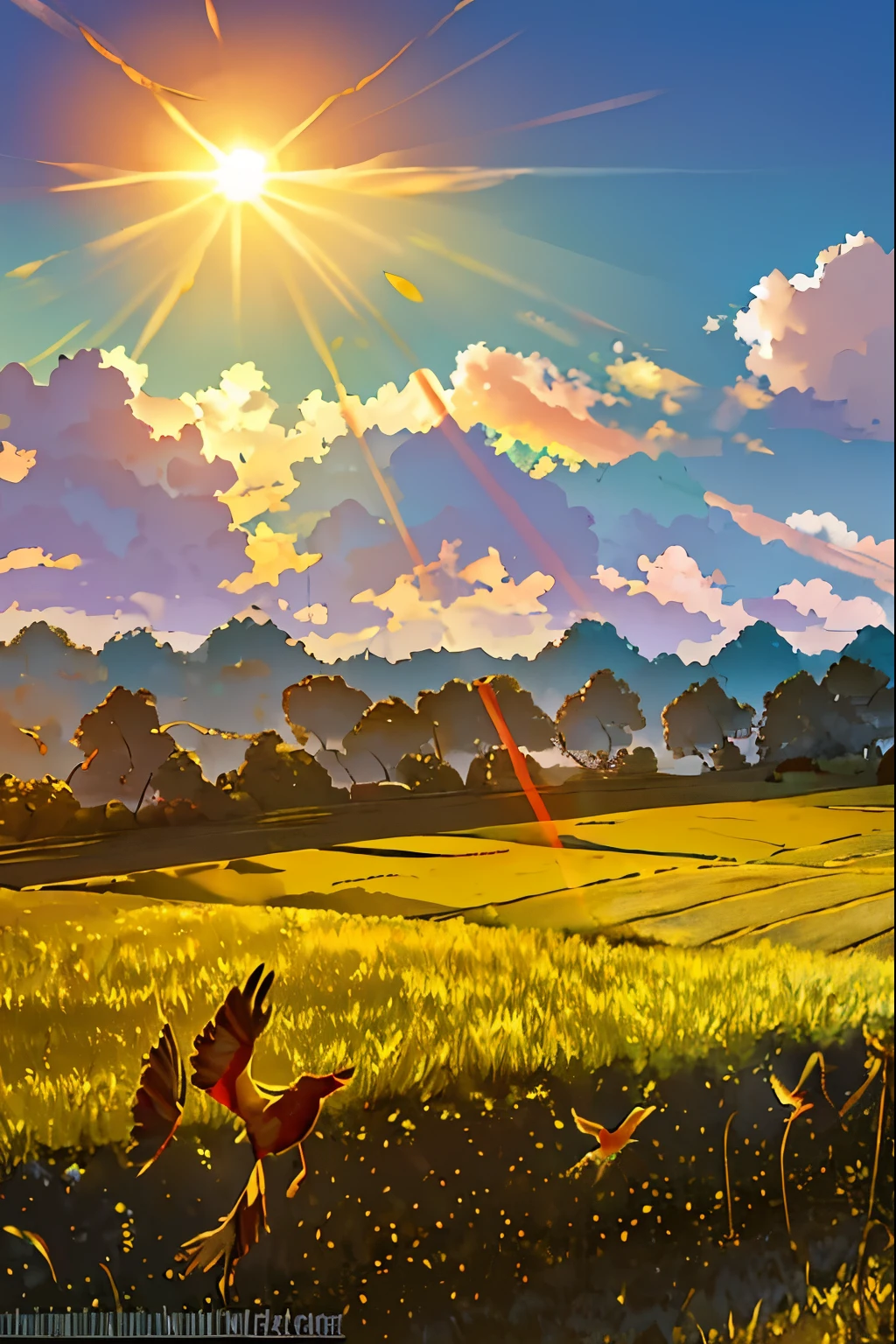 field of yellow paddy with sun shining in the background, beautiful myanmar countryside, sunny landscape, filtered evening light, rays of sunshine, detailed fields nature, dramatic warm morning light, a beautiful landscape, by Thomas Häfner, beautiful scenery, summer morning light, stunning scenery, clouds and fields in background, shining golden hour, a group of birds flying among clouds