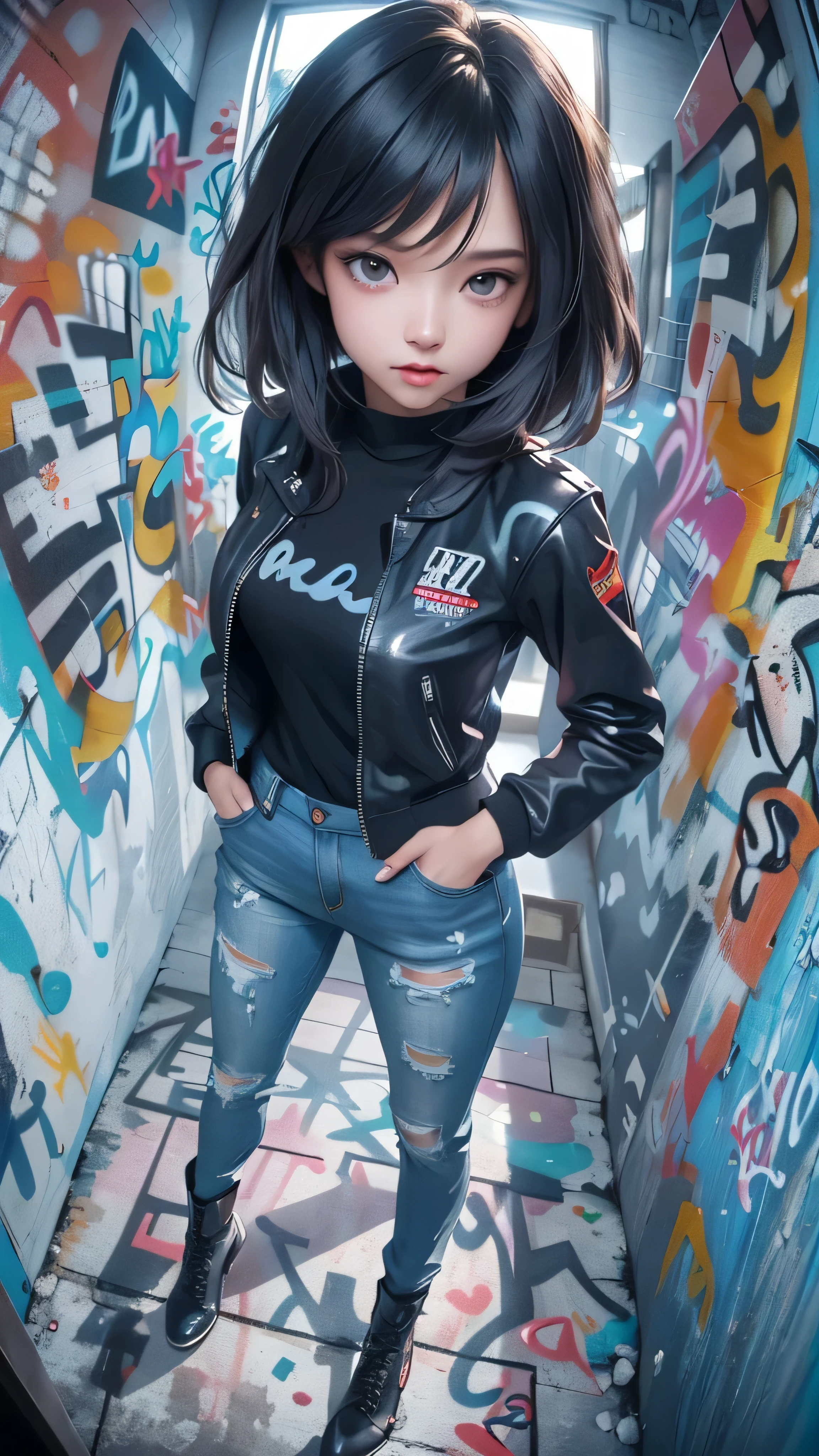 ((Highly detailed CG unit 8k wallpaper, masterpiece, High resolution, highest quality)), (Beautiful woman with medium hair, put one&#39;s hand in one&#39;s pocket:1.5, grunge fashion, blouson, Wearing skinny jeans:1.2, high heels:1.2), ((highly detailed face, Highly detailed black eyes, detailed body, highest qualityのリアルテクスチャスキン)), (black hair, , white skin, ), (graffiti wall:1.5), (high angle:1.2, Fisheye:1.3), surreal, digital painting, concept art,