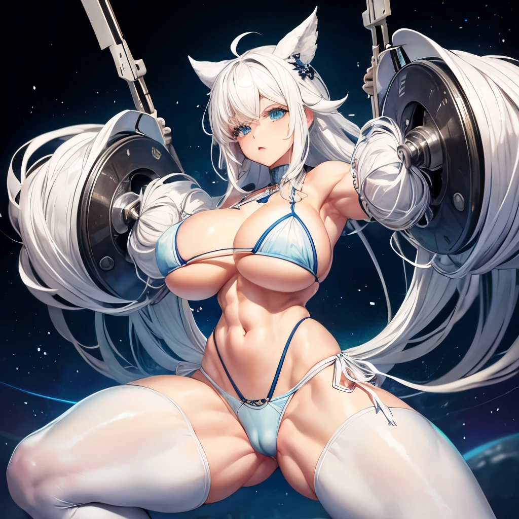 1girl white hair blue eye muscular thighs string pants bikini big breasts sexy posture