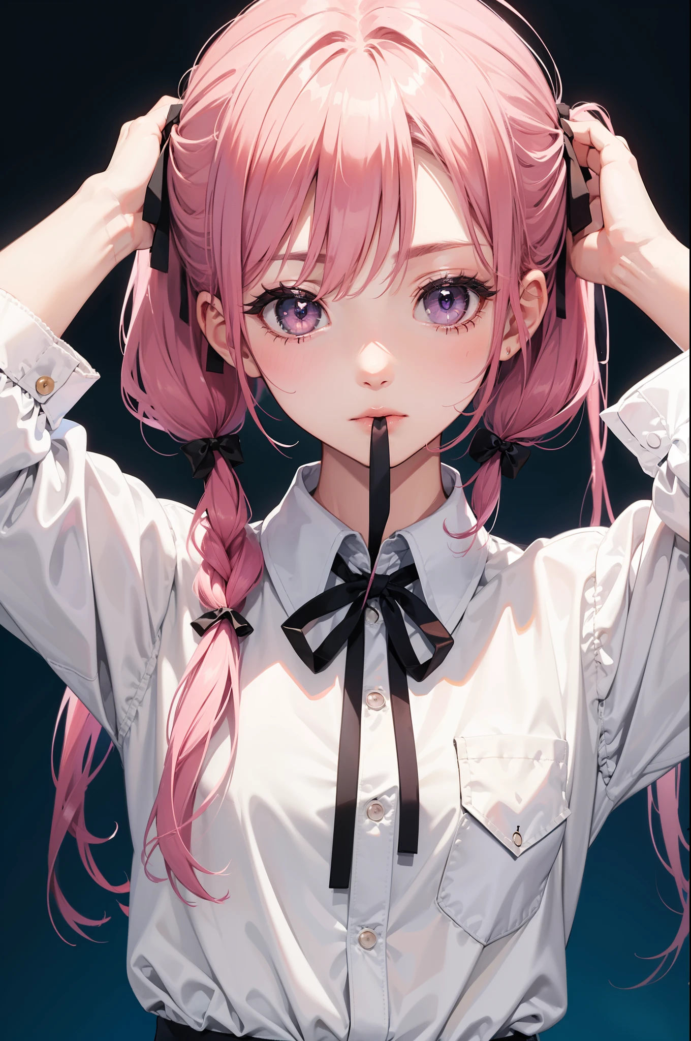 rating:safe, 1girl, solo, shirt, collared_shirt, blush, hair_between_eyes, white_shirt, hair_ornament, ribbon, closed_mouth, mouth_hold, purple_eyes, looking_at_viewer, twintails, pink_hair, eyebrows_visible_through_hair, heart, bangs, long_hair, upper_body, bow, blue_background, jacket, food, character_name, wing_collar, bunny_hair_ornament, dress_shirt, neck_ribbon