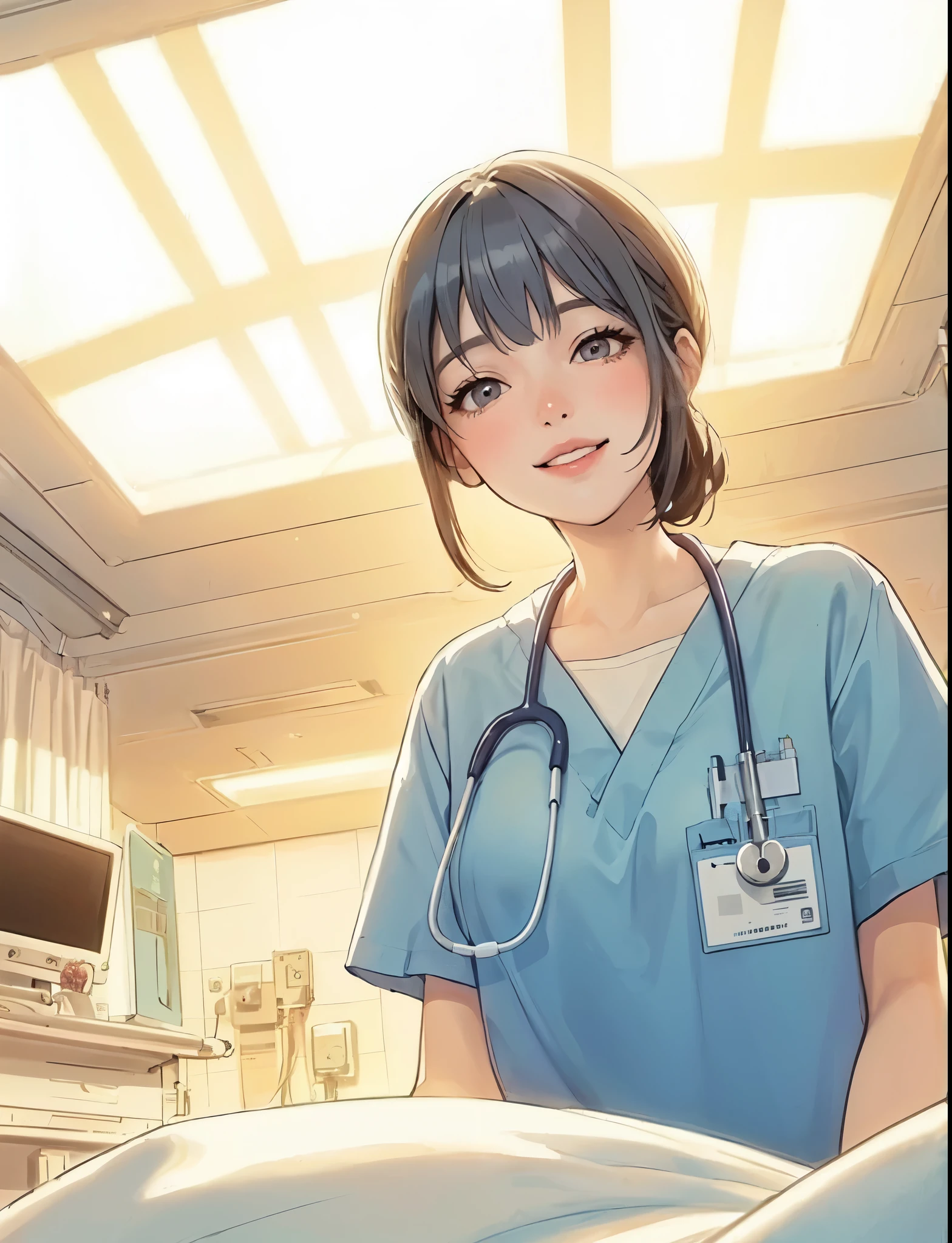 1lady solo, (looking down), (from below), (standing by patient's bed), healthcare worker, (blue scrubs), mature female, /(dark gray hair/) bangs, kind smile, (masterpiece best quality:1.2) delicate illustration ultra-detailed, large breasts BREAK (hospital room) indoors, (bright white ceiling:1.2), (perspective from bed:1.2), detailed background