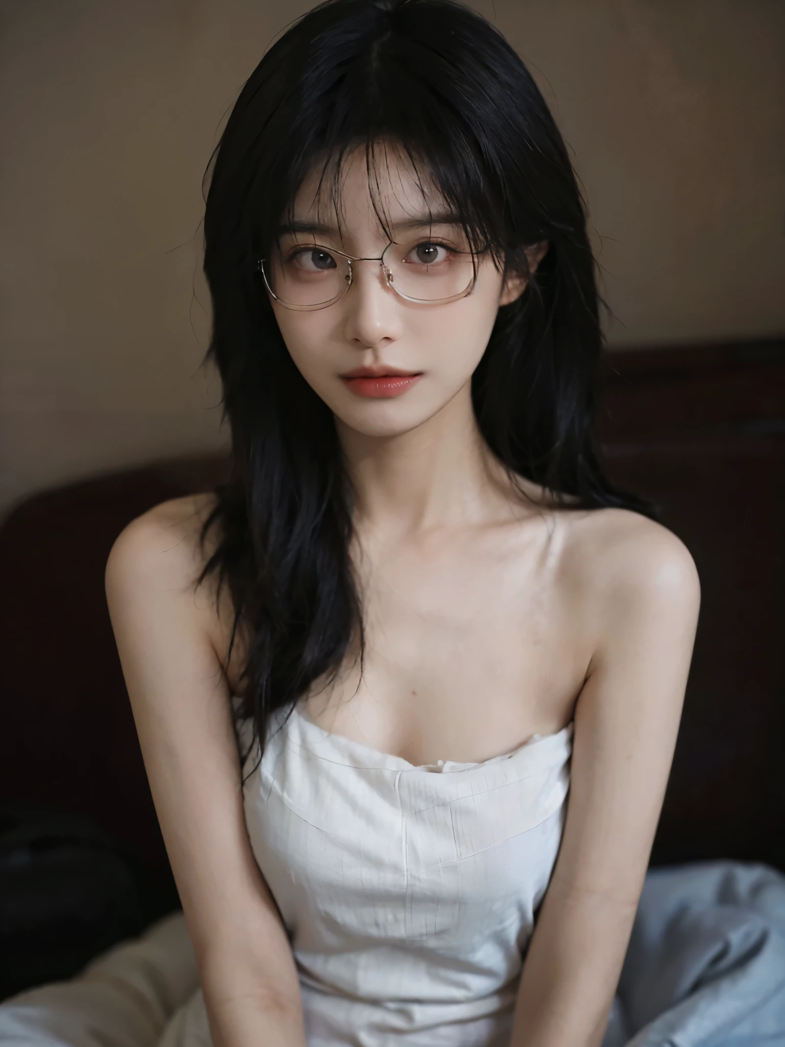 Film portrait photography, 1 girl, bare shoulders,lipstick,(flat chest:1.4), Shoulder length wavy hair, wear glasses,serene, calm, (Realistic and detailed eyes, natural skin texture, Realistic facial details), Soft dramatic lighting, depth of field, Bokeh, Vibrant details, Detailed and detailed, surreal, 35mm film, hazy, ,