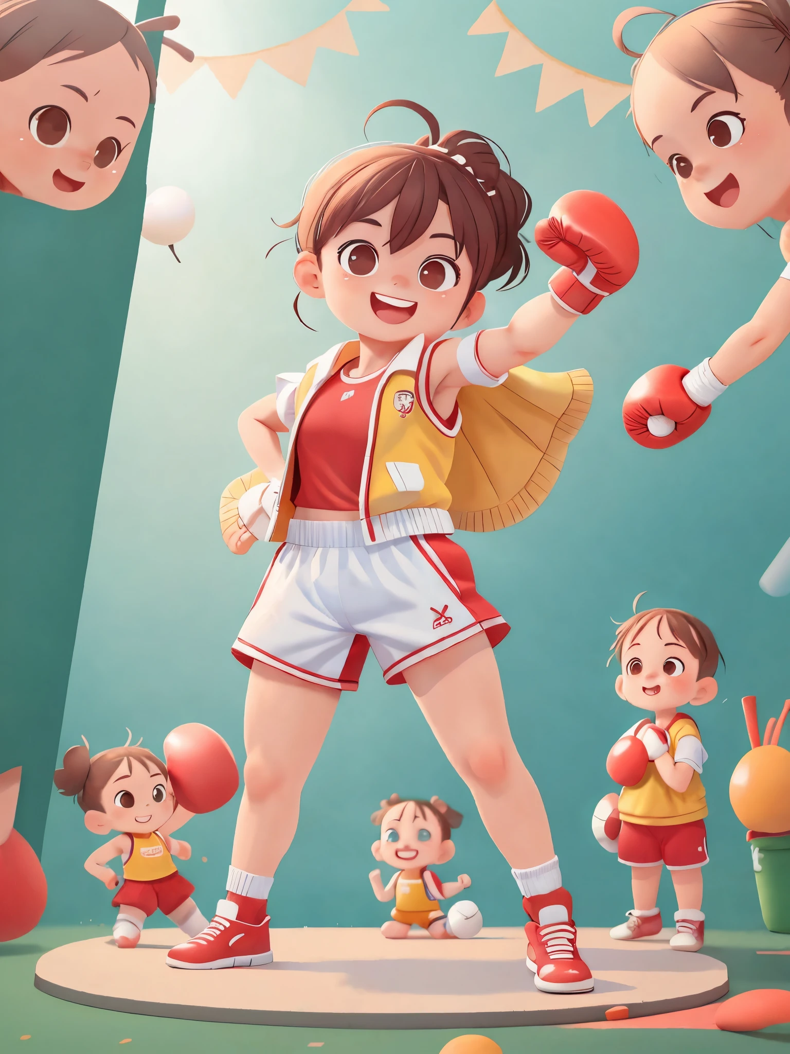 Dream of becoming a boxer(Boxer)of cute girls, (()),Dress up as a boxer(Boxer),Wearing white(((sports vest))), ((Red sports shorts)),Wearing boxing gloves,Standing in the ring, Stand in boxing position,Boxing stance,smiling, (masterpiece: 1.2) (actual: 1.2) (Bokeh) (best quality) (delicate skin: 1.3) (intricate details) (8k) (exquisite eyes) (sharp focus),