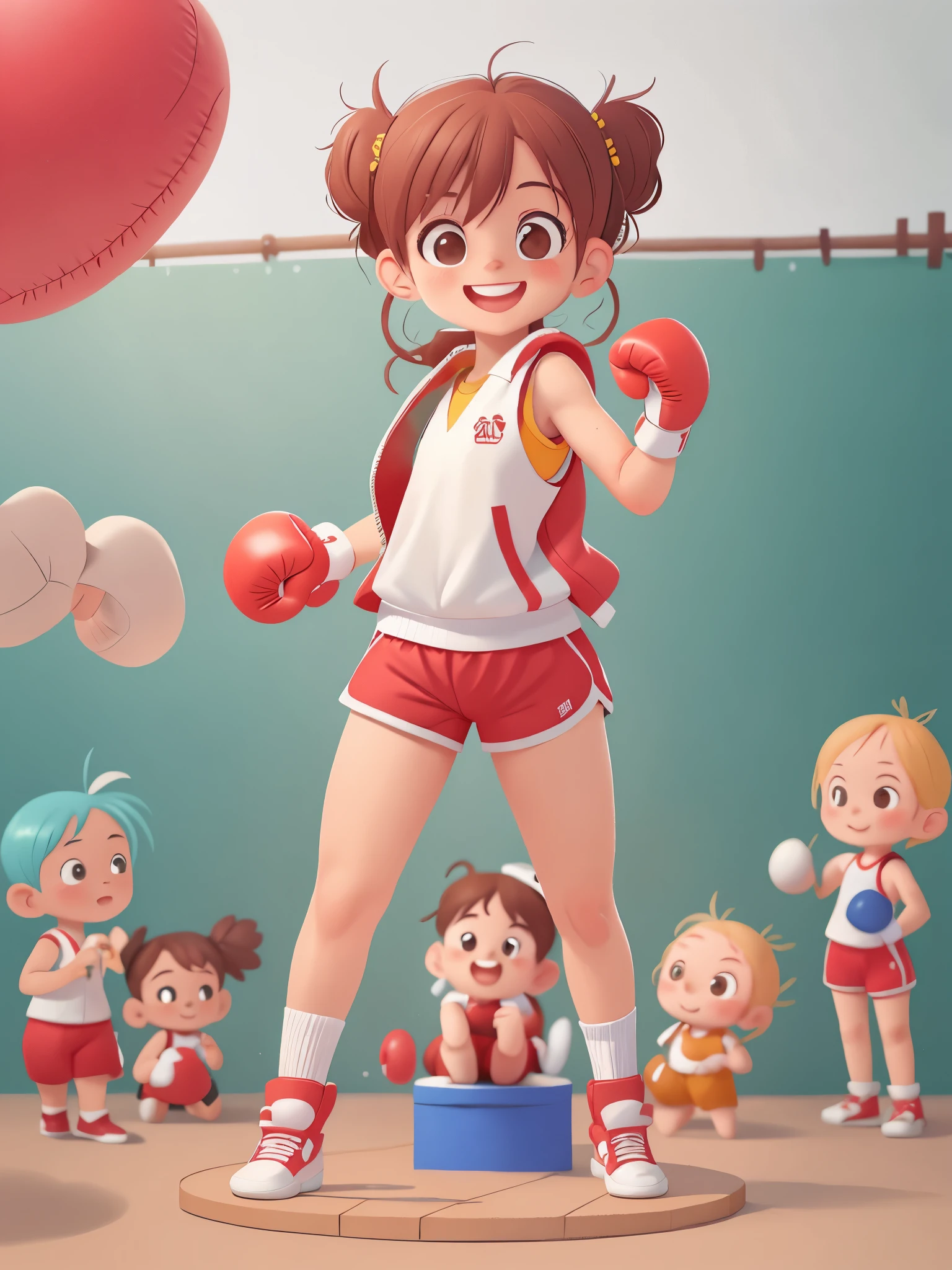 Dream of becoming a boxer（Boxer）of cute girls, ((preschool))，Dress up as a boxer（Boxer），Wearing white(((sports vest))), ((Red sports shorts))，Wearing boxing gloves，Standing in the ring， Stand in boxing position，Boxing stance，smiling, (masterpiece: 1.2) (actual: 1.2) (Bokeh) (best quality) (delicate skin: 1.3) (intricate details) (8k) (exquisite eyes) (sharp focus), 