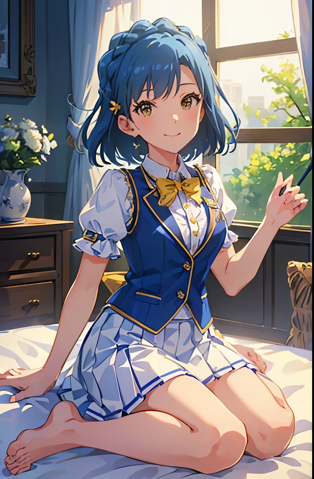 yuriko nanao (million live), 1 girl, Solo, Cute Girl, Best Quality, Ultra-detailed, 8K, High resolution, Detailed face, Bob Hair, looking at viewer, smile, ((idol costume:1.1, blue vest, short sleeves, puffy sleeves, white skirt, pleated skirt, barefoot)), in the bedroom,
