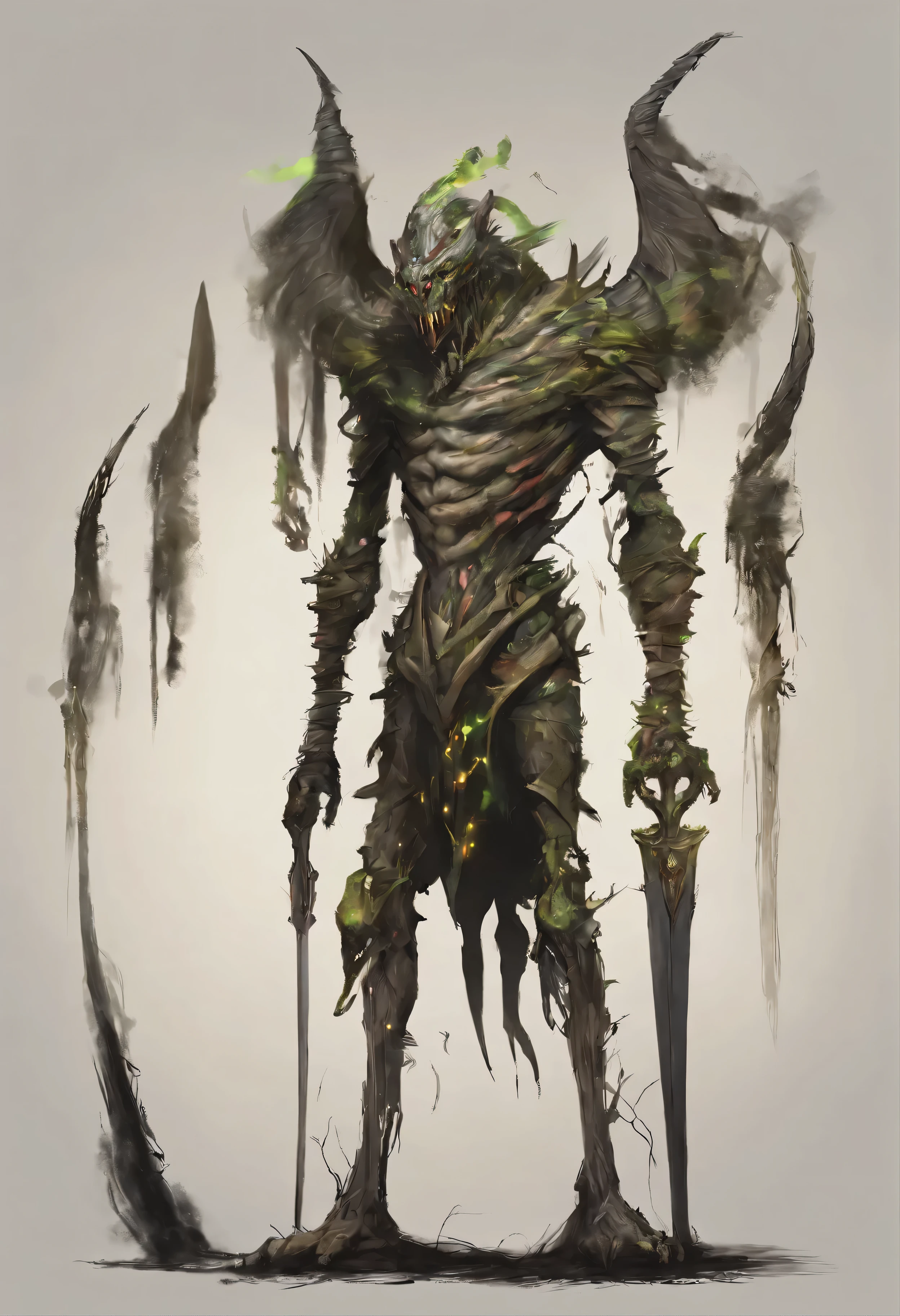 monster with long arms ended with blades, blades, tall monster, skinny monster, digital art, masterpiece, painting artifacts