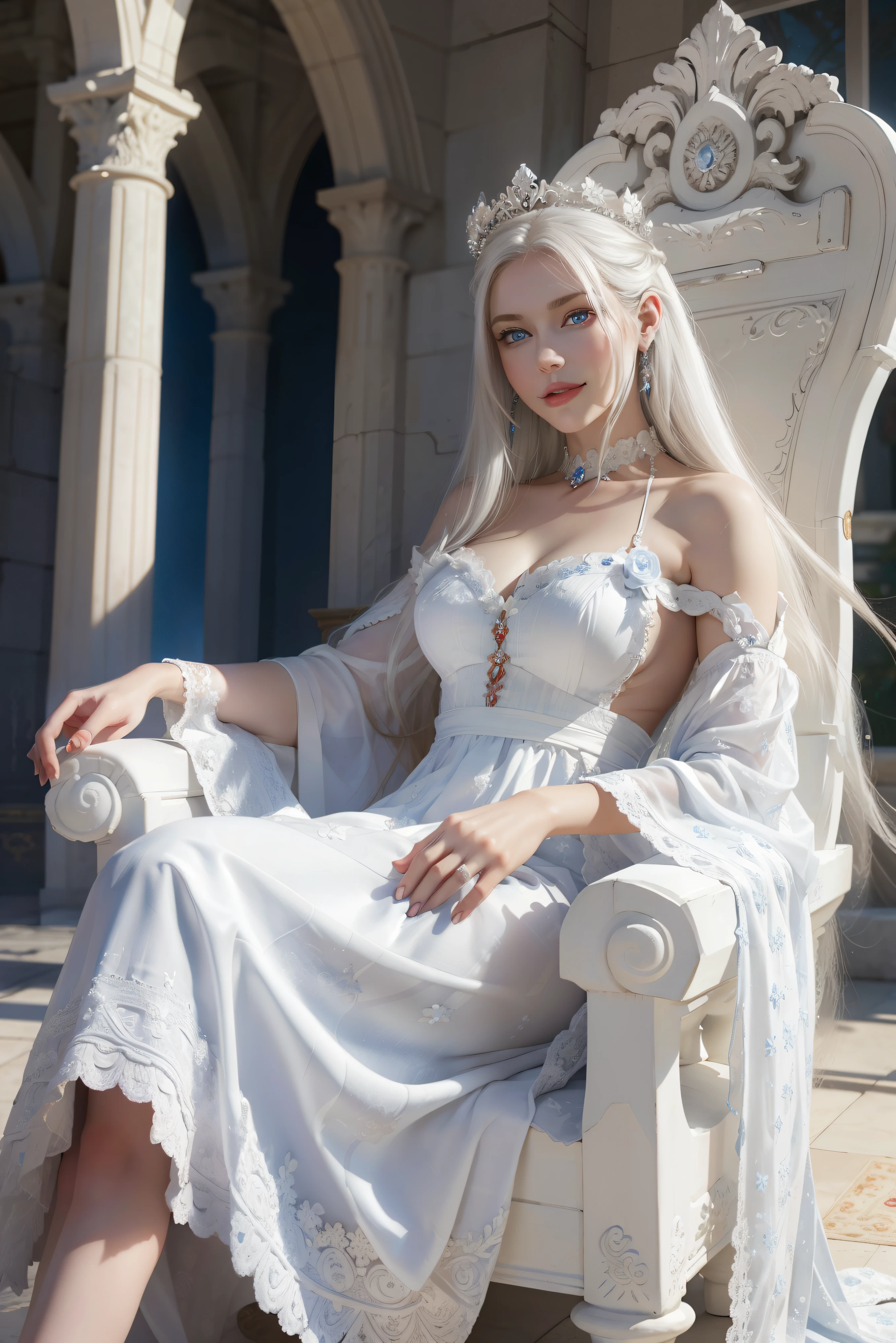 White goddess blue eyes in human shape、beautiful body of a flower of a very attractive age with white lower hair,,,Wearing a white dress,Smiling inside a magnificent palace made of white stone,Sit on a chair and drink tea,