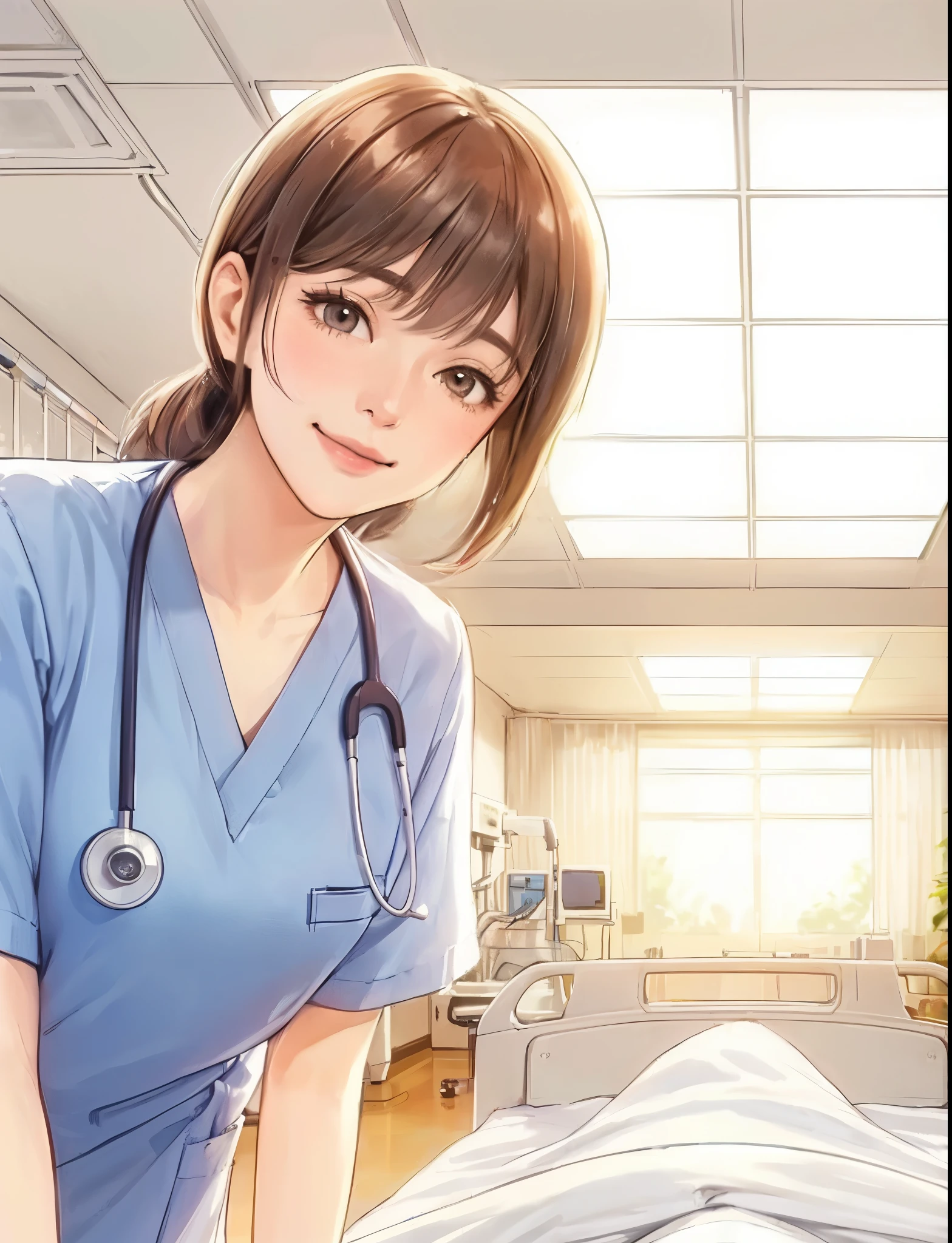 1lady solo, (looking down), (from below), (standing by patient's bed), healthcare worker, (blue scrubs), mature female, /(brown hair/) bangs, kind smile, (masterpiece best quality:1.2) delicate illustration ultra-detailed, large breasts BREAK (hospital room) indoors, (bright white ceiling:1.2), (perspective from bed:1.2), detailed background
