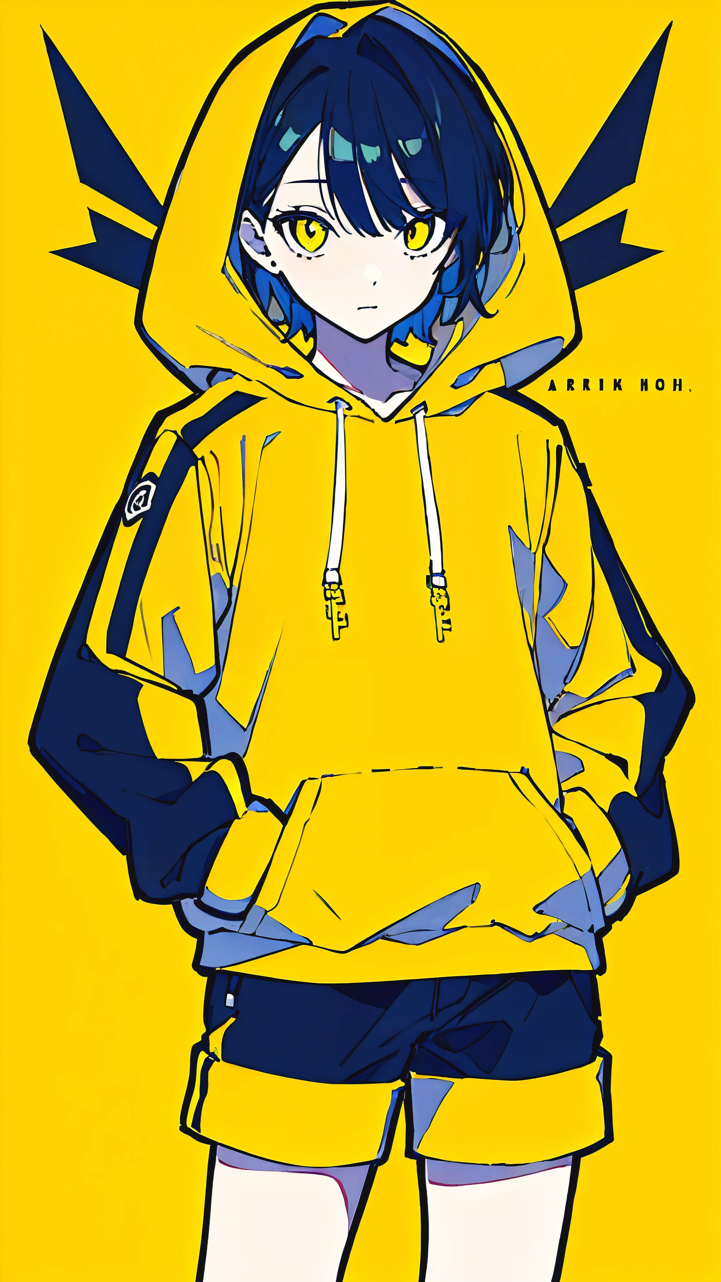 (masterpiece, highest quality:1.6), alone, thick outline, (simple background, Dark yellow background, monochrome, dark yellow theme:1.2), official art, Key Visual, 8K, confused, whole body, (Unique hair, oversized hoodie, hot pants, arch back, short torso:1.2), belly button, thighs, cowboy shot, HDR, sharp focus, High resolution, most detailed, very detailed, Super detailed, finely, detailed eyes and face, sharp pupils, realistic student, alone, contrast between yellow and light blue, alone, put one&#39;s hand in one&#39;s pocket