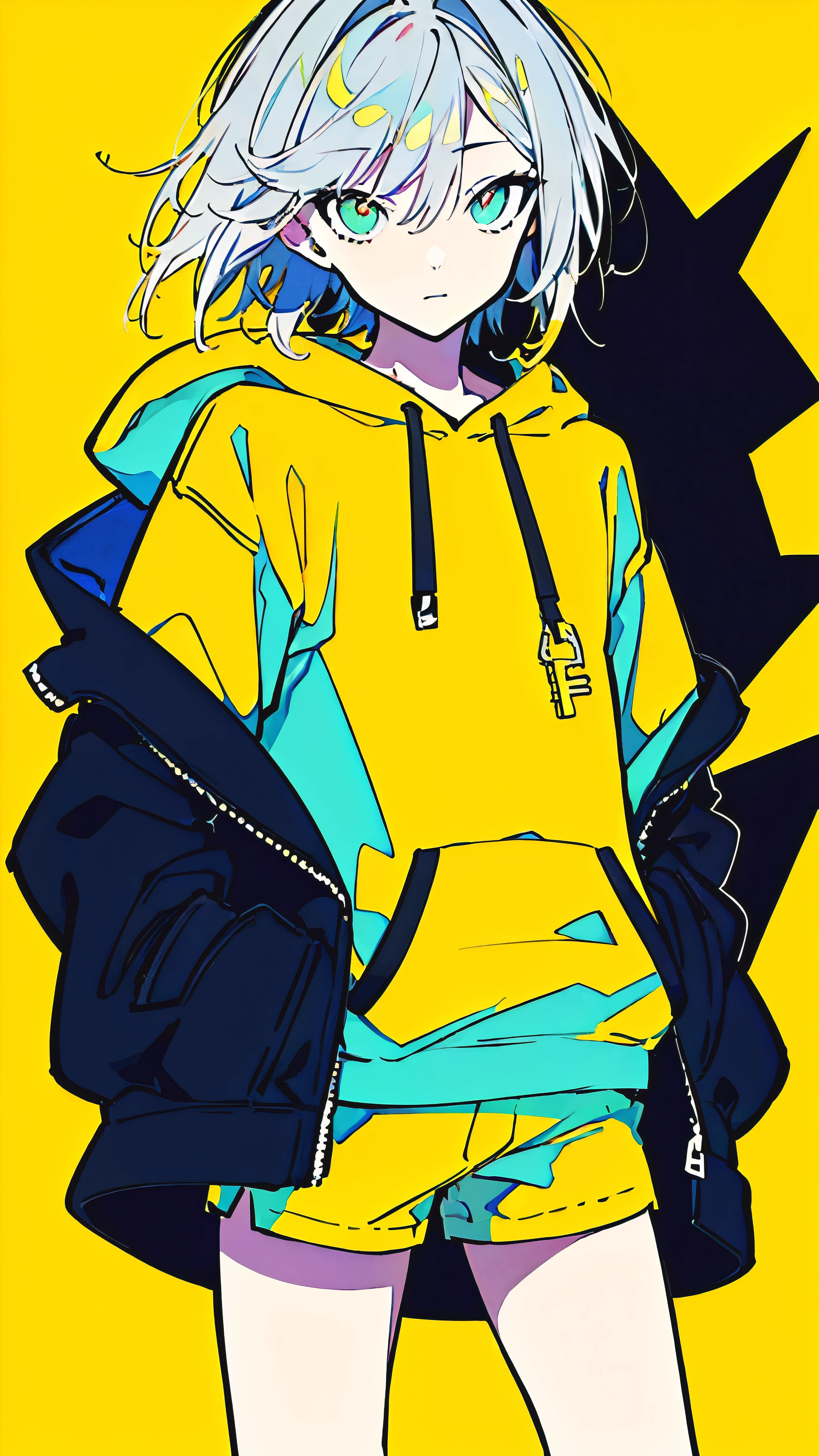 (masterpiece, highest quality:1.6), alone, thick outline, (simple background, Dark yellow background, monochrome, dark yellow theme:1.2), official art, Key Visual, 8K, confused, whole body, (Unique hair, oversized hoodie, hot pants, arch back, short torso:1.2), belly button, thighs, cowboy shot, HDR, sharp focus, High resolution, most detailed, very detailed, Super detailed, finely, detailed eyes and face, sharp pupils, realistic student, alone, contrast between yellow and light blue, alone, put one&#39;s hand in one&#39;s pocket