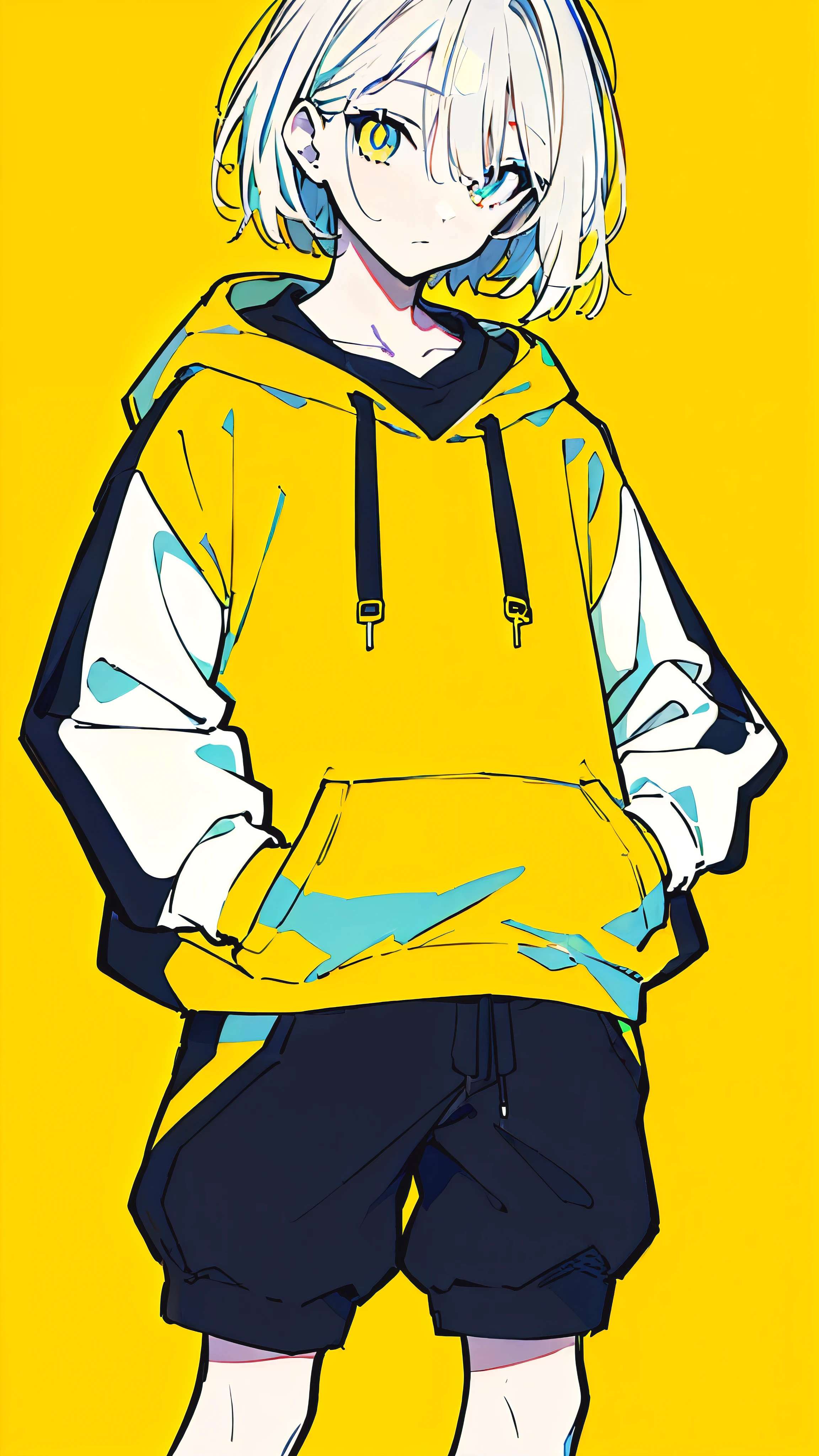 (masterpiece, highest quality:1.6), alone, thick outline, (simple background, Dark yellow background, monochrome, dark yellow theme:1.2), official art, Key Visual, 8K, confused, whole body, (Unique hair, oversized hoodie, hot pants, arch back, short torso:1.2), belly button, thighs, cowboy shot, HDR, sharp focus, High resolution, most detailed, very detailed, Super detailed, finely, detailed eyes and face, sharp pupils, realistic student, alone, contrast between yellow and light blue, alone, put one&#39;s hand in one&#39;s pocket