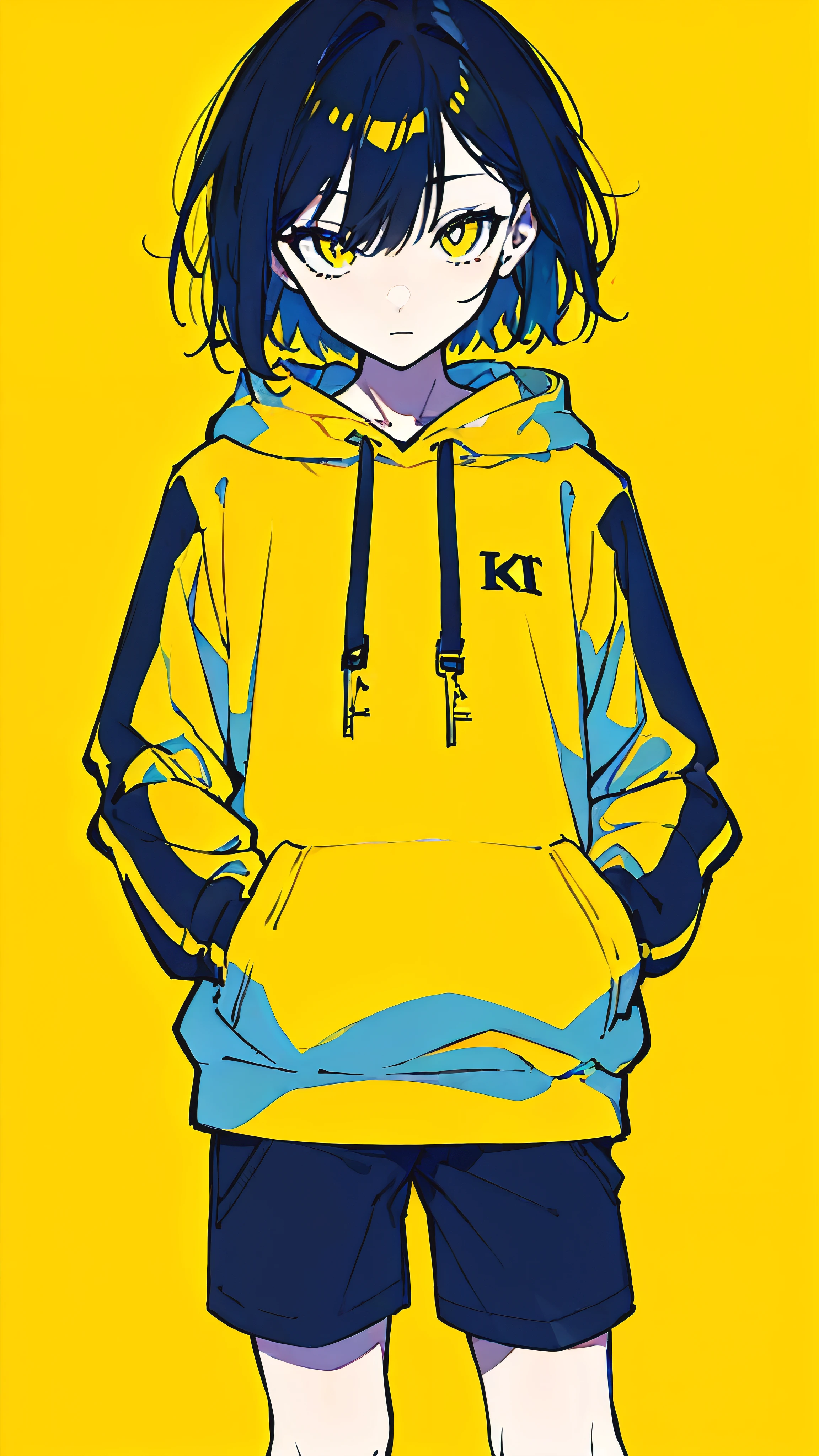 (masterpiece, highest quality:1.6), alone, thick outline, (simple background, Dark yellow background, monochrome, dark yellow theme:1.2), official art, Key Visual, 8K, confused, whole body, (Unique hair, oversized hoodie, hot pants, arch back, short torso:1.2), belly button, thighs, cowboy shot, HDR, sharp focus, High resolution, most detailed, very detailed, Super detailed, finely, detailed eyes and face, sharp pupils, realistic student, alone, contrast between yellow and light blue, alone, put one's hand in one's pocket