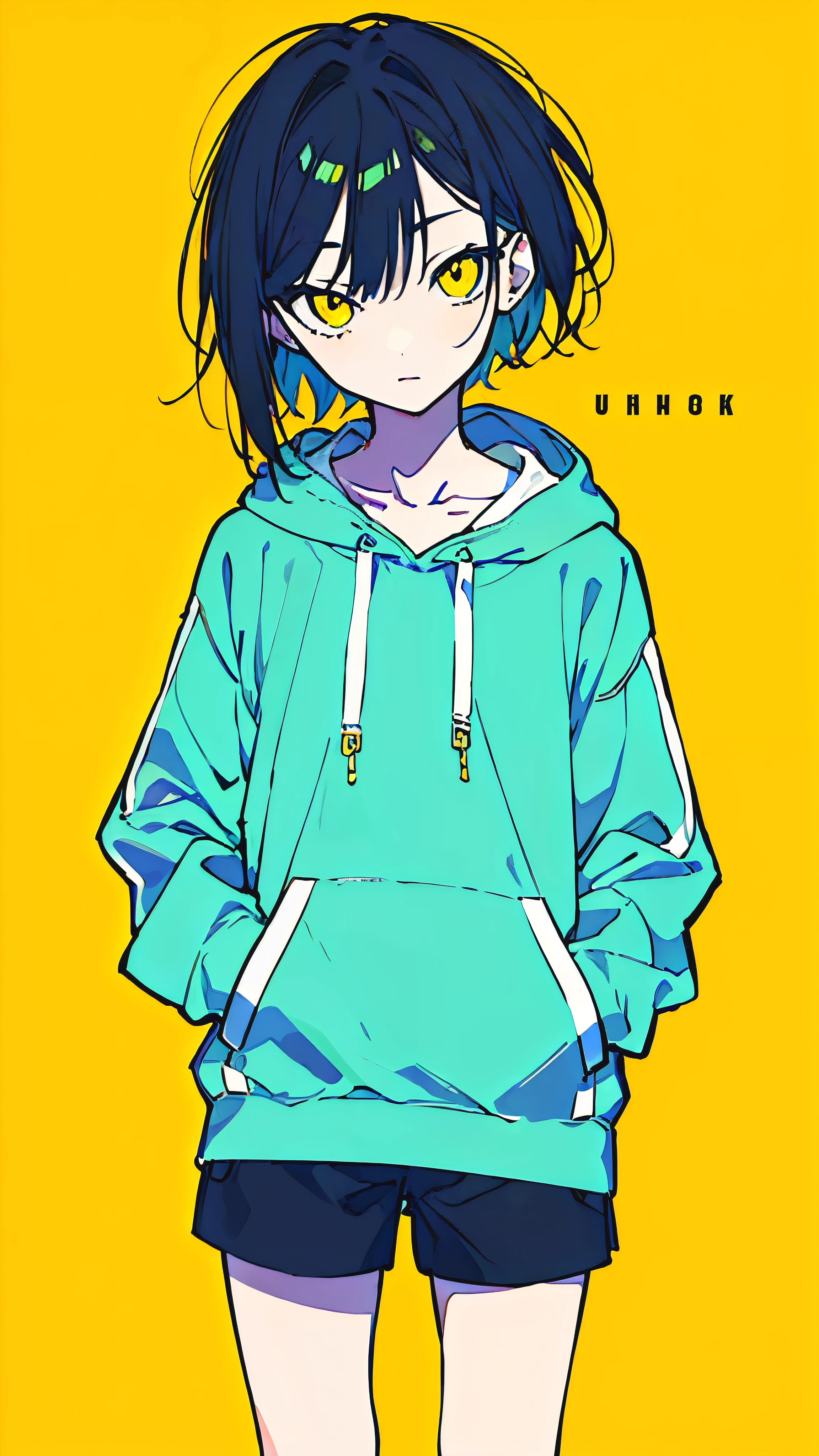 (masterpiece, highest quality:1.6), alone, thick outline, (simple background, Dark yellow background, monochrome, dark yellow theme:1.2), official art, Key Visual, 8K, confused, whole body, (Unique hair, oversized hoodie, hot pants, arch back, short torso:1.2), belly button, thighs, cowboy shot, HDR, sharp focus, High resolution, most detailed, very detailed, Super detailed, finely, detailed eyes and face, sharp pupils, realistic student, alone, contrast between yellow and light blue, alone, put one&#39;s hand in one&#39;s pocket