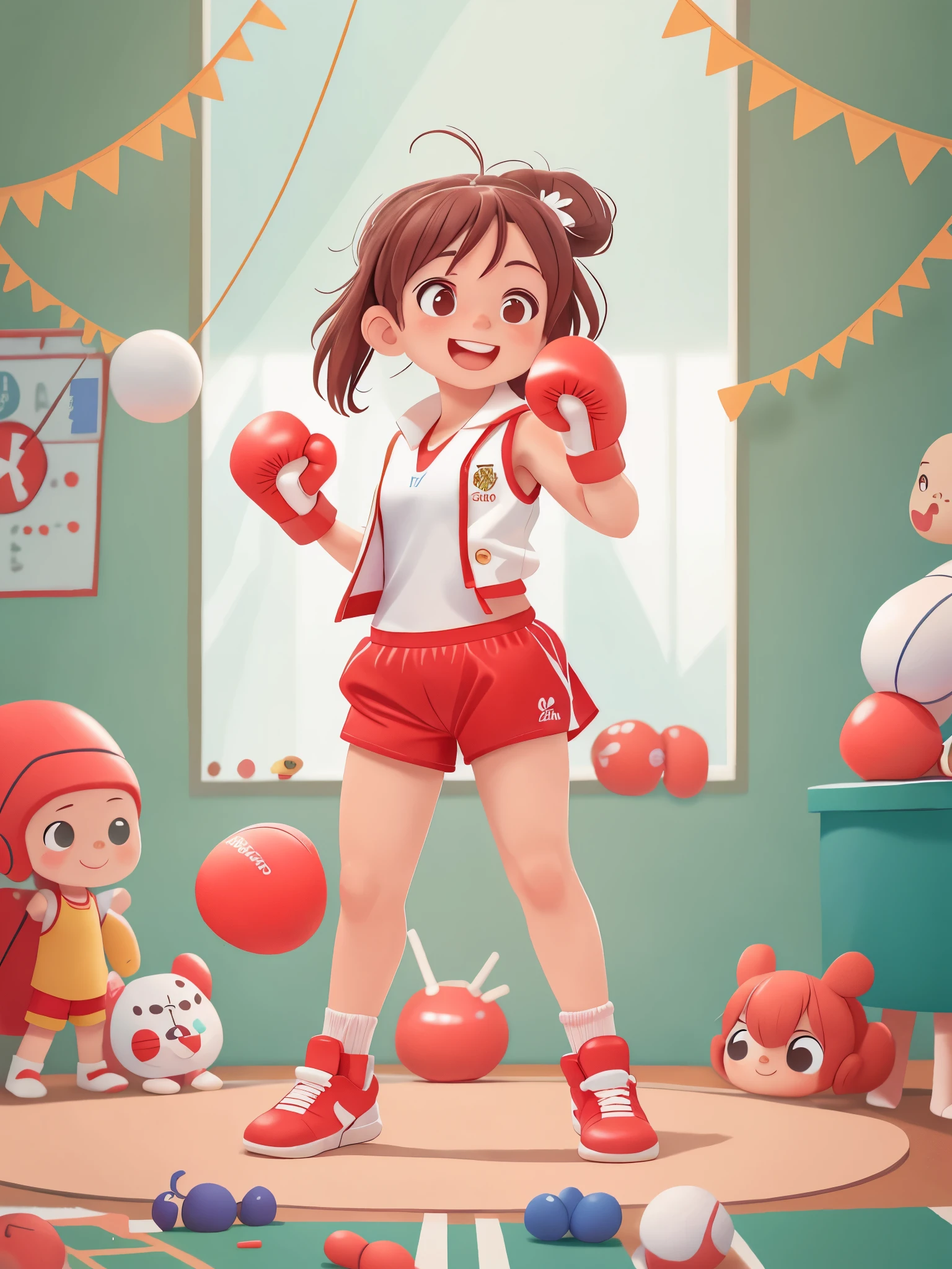 Dream of becoming a boxer(Boxer)of cute girls, (()),Dress up as a boxer(Boxer),Wearing white(((sports vest))), ((Red sports shorts)),Wearing boxing gloves,Standing in the ring, Stand in boxing position,Boxing stance,smiling, (masterpiece: 1.2) (actual: 1.2) (Bokeh) (best quality) (delicate skin: 1.3) (intricate details) (8k) (exquisite eyes) (sharp focus),