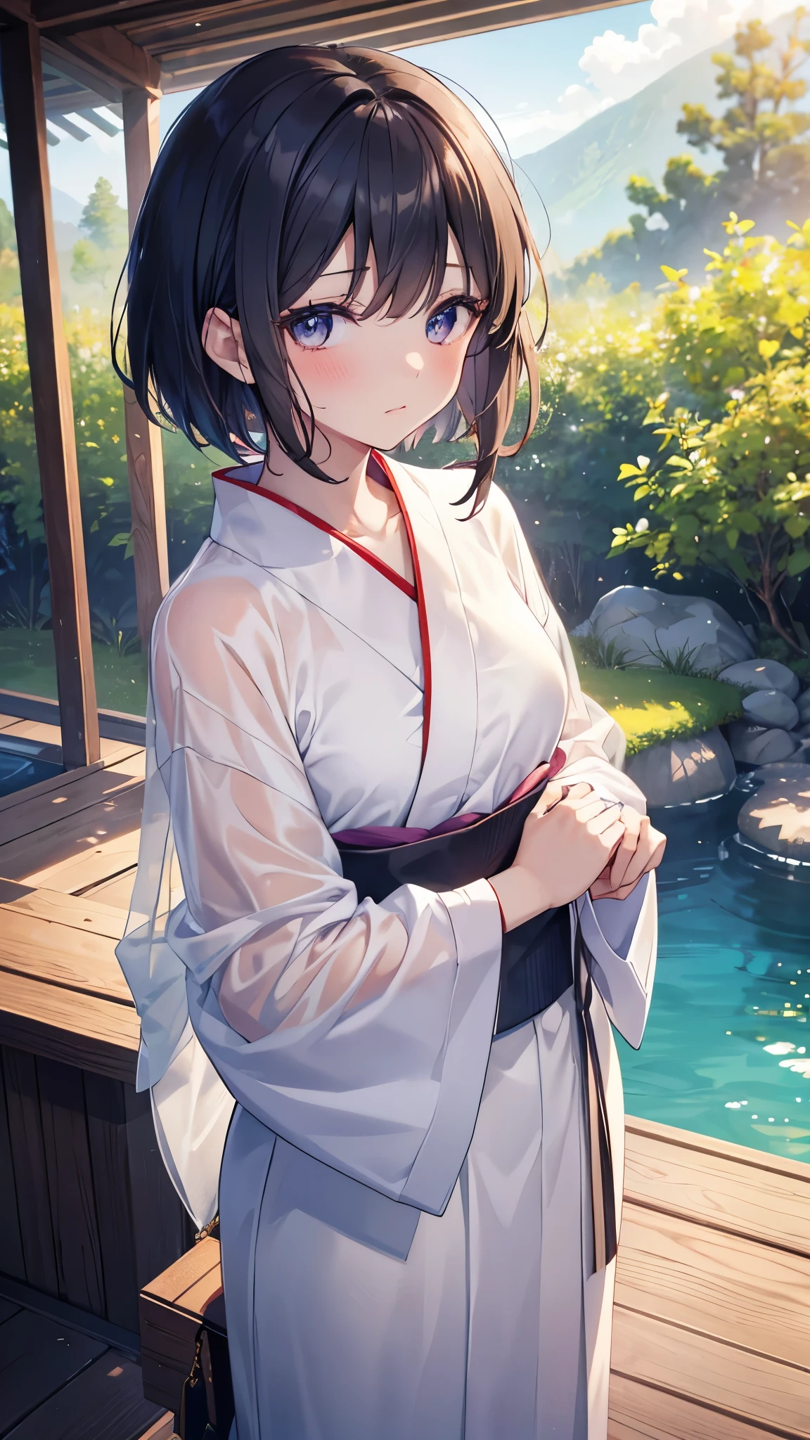 fashionable girl, (height: 1.1) , (color: 0.9) , (masterpiece: 1.2) , very complicated, highest quality, detailed, 8K, height, 1 girl, mature woman, short hair, actual光源, Focus Person Lens, close, uP Front, subjective perspective, male focus, looking at the audience, alone, Medium Lens, 「actual」Define a light source, straight line, (On top of that: 0.9) , (Over-the-shoulder shot) , (chest: 1.1) , tall woman, (share: 1.1) , photographed from a distance, look away, gradation of hair, 藍colorの目, delicate eyes, embarrassed look, (Slim woman standing on the observation deck: 1.1) ,hot spring, Bath Yuka, blush, Steam from the mouth, wet clothes, Queen, Yukata, perfect face, long eyelashes, beautiful eyes, long dark hair, hair,Aloof expression, 小さなchest, outdoor, landscape, wood, plant, lake, (blue sky: 0.3) ,