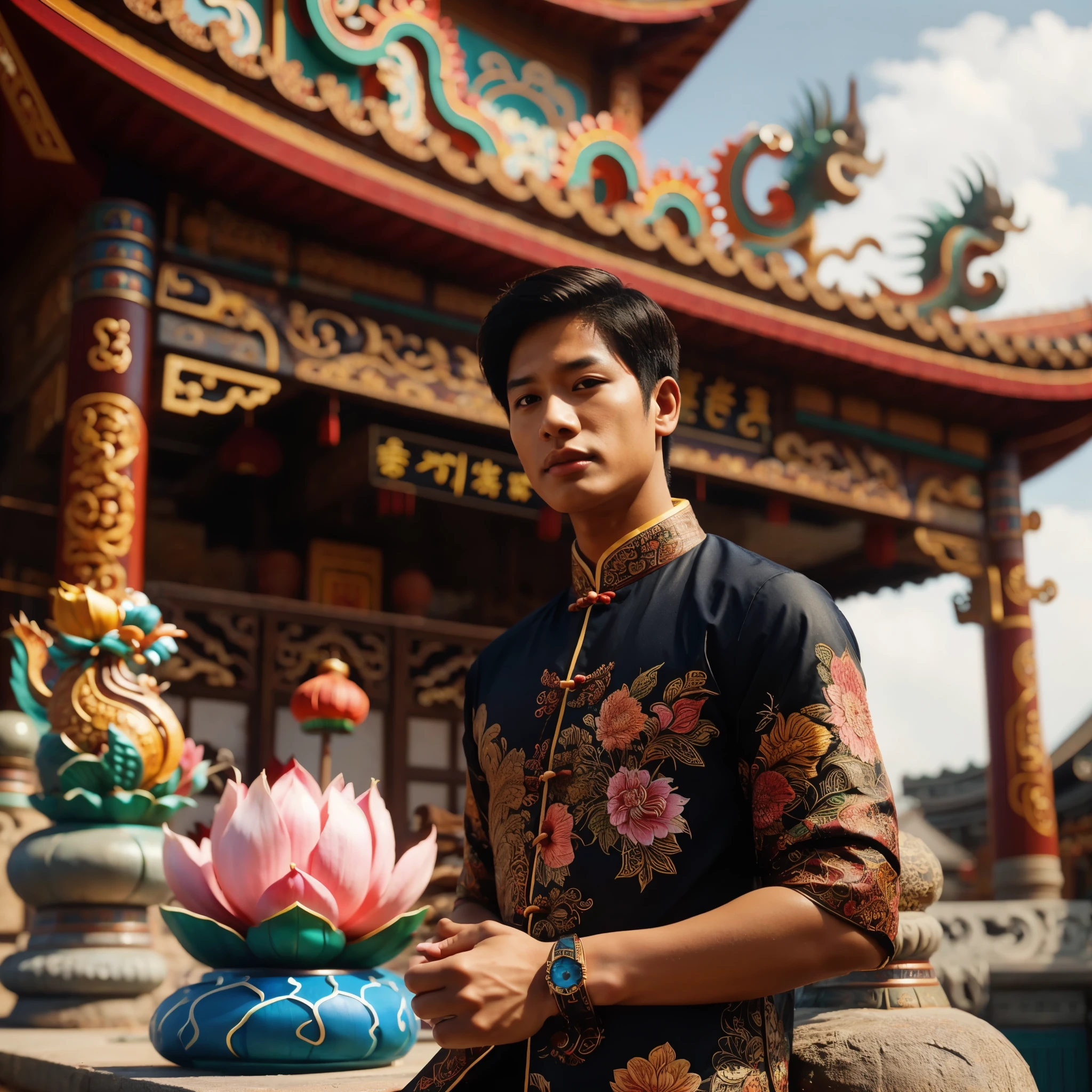 arafed asian man in traditional clothing standing in front of a building, with acient chinese clothes, chinese style, with a chinese temple, traditional chinese clothing, inspired by Gong Xian, inspired by Chen Hong, with ancient chinese aesthetic, inspired by Gong Kai, standing gracefully upon a lotus, inspired by Xie Huan, standing on a lotus