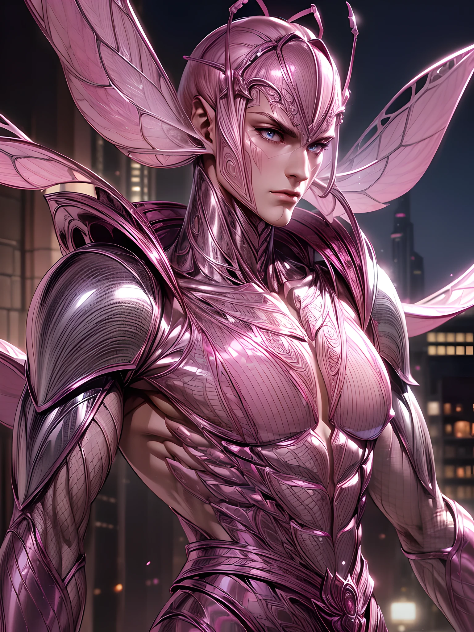 ((intricate design)) Top quality, 16K, High Definition, 16K splash art, high res, ultra sharp, ((masterpiece)), best quality, expressive eyes, perfect face, Super eyes, masterpiece, (((1male))) ((tall muscular man male humanoid)), bald, humanoid (((pink skin))), deity, god of insects, waist sash, (((humanoid pink skin tone))), pink hue, powerful humanoid appearance, pure white eyes, shiny metallic scales, scales. ((glossy metallic Armor)), intimidating face, strong jaw, high cheekbones, antenna, villain pose, above the city, ((petal pink humanoid insect)) (((volumetric lighting))) (((cinematic lighting))) (((1male))) ((tall muscular man male humanoid)), bald, humanoid (((pink skin))), deity, god of insects, waist sash, (((humanoid pink skin tone))), pink hue, powerful humanoid appearance, pure white eyes, shiny metallic scales, scales. ((glossy metallic Armor)), intimidating face, strong jaw, high cheekbones, antenna, villain pose, ((petal pink humanoid insect))