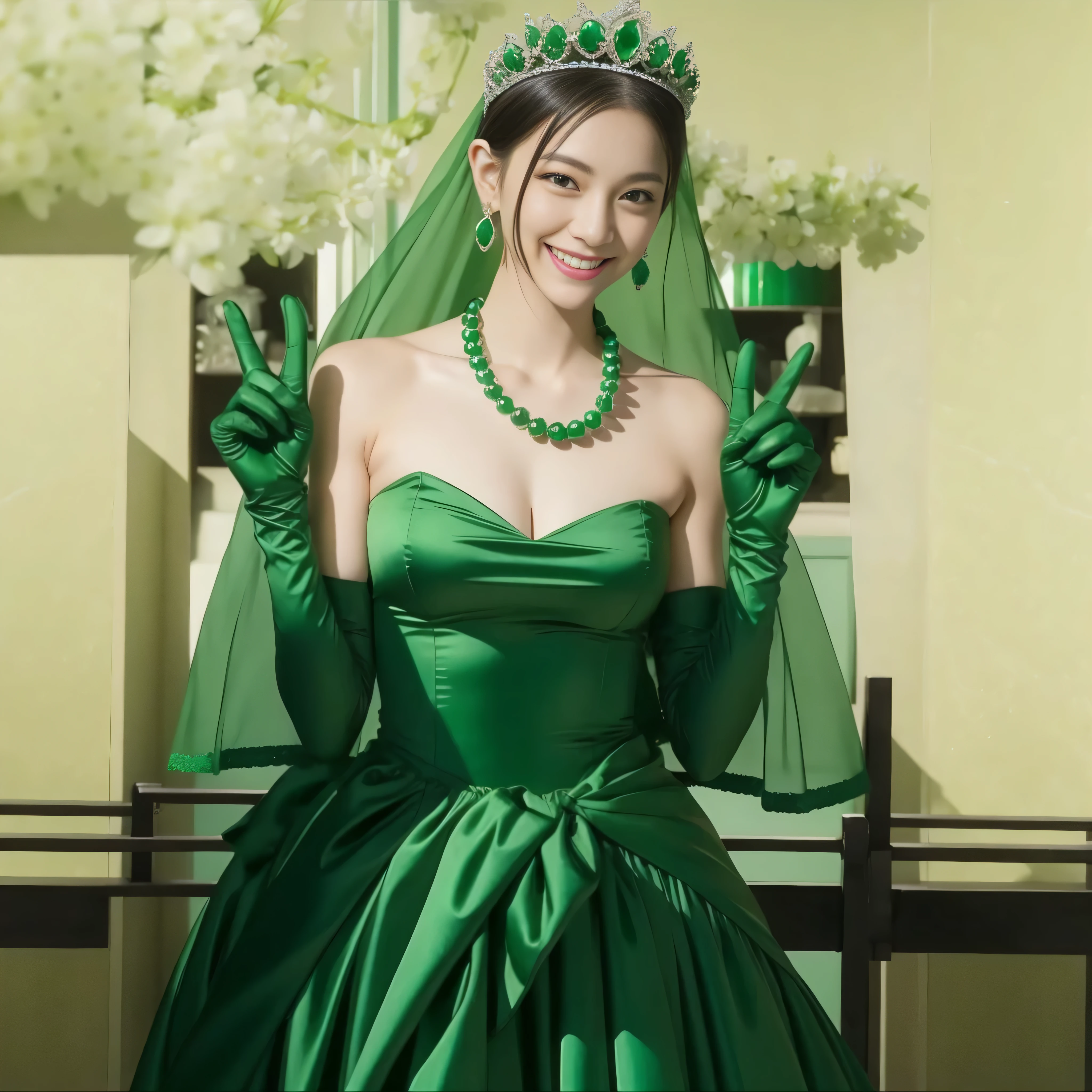 emerald tiara, green pearl necklace, boyish very short green hair, lipstick, smiling Japanese woman, very short hair, big breasts beautiful, green eyes, Long Green Satin Gloves, green eyes, V sign, emerald earrings, green veil