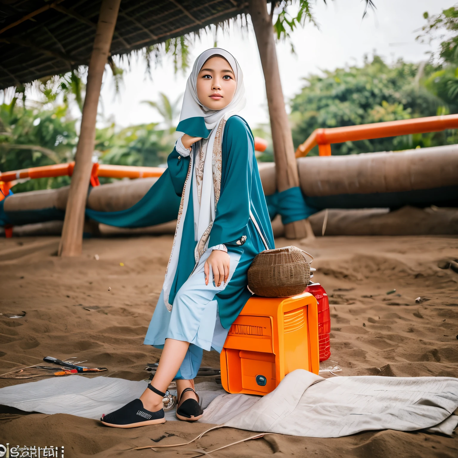 buatkan FOTO keluarga, wajah Indonesia, suami rambut pendek Dan rapi, istri berhijab, anak perempuan berhijab, anak laki-laki, memakai pakaian casual, duduk di pasir pantai, didepan tenda, latar belakang laut luas