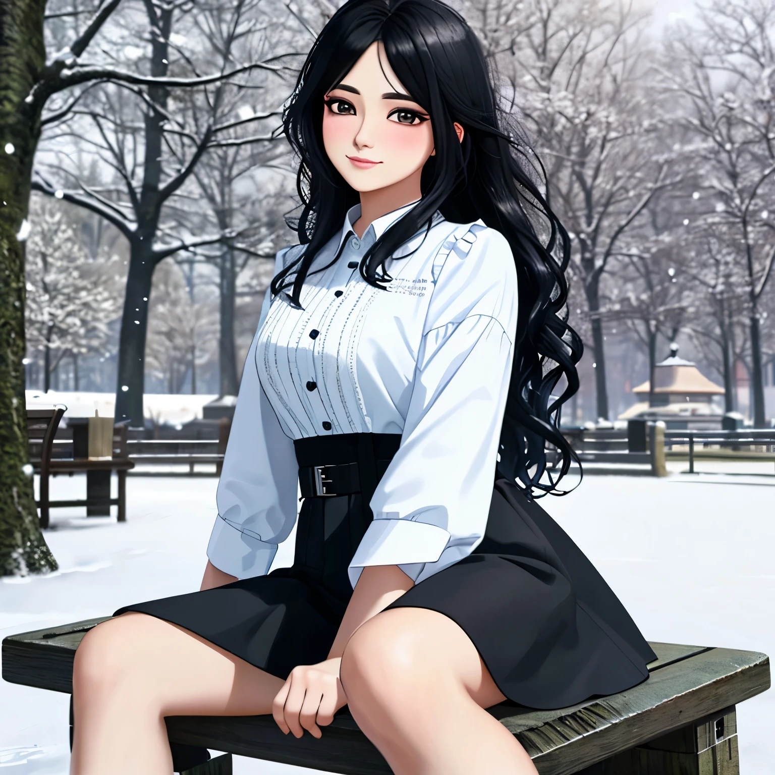 Masterpiece, top quality, 16K UHD,
Woman, sitting alone,
Snowy park, long black hair, dimples on cheeks,
Beautiful shirt with the word "Jeeja" written on it,
Animation style wallpaper, couple in 3D.