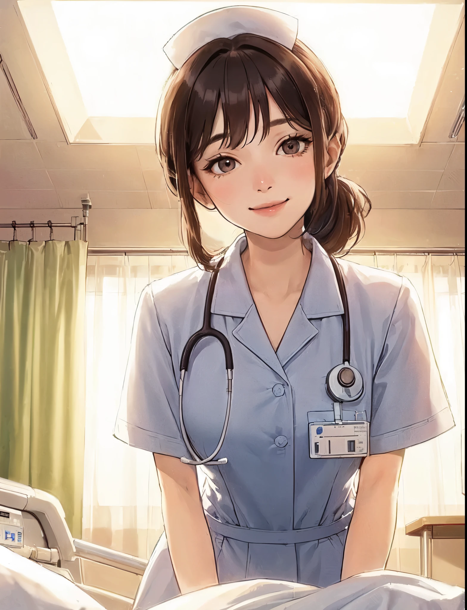 1lady solo, (looking down), (from below), (standing by patient's bed), healthcare worker, (nurse uniform), mature female, /(dark brown hair/) bangs, kind smile, (masterpiece best quality:1.2) delicate illustration ultra-detailed, large breasts BREAK (hospital room) indoors, (bright white ceiling:1.2), (perspective from bed:1.2), detailed background
