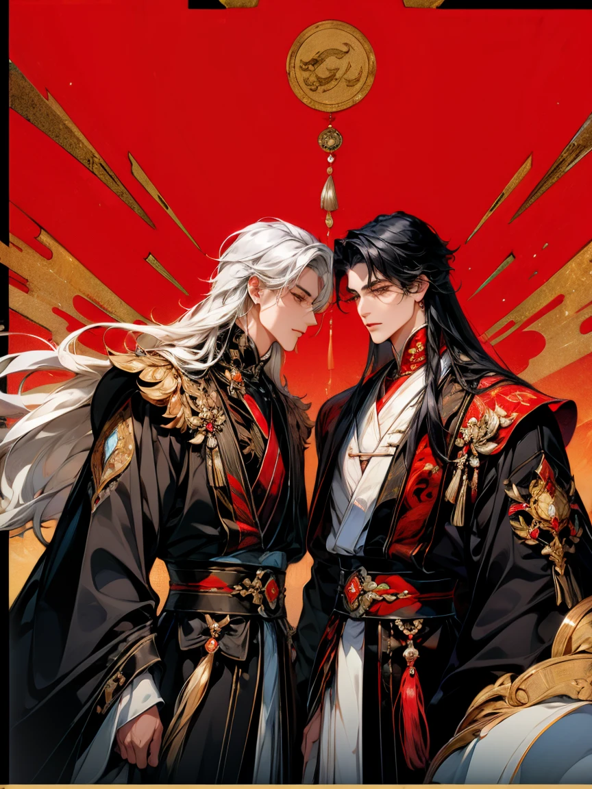 masterpiece, collage of 2 men in chinese clothes,hanfu, long black hair, long white hair