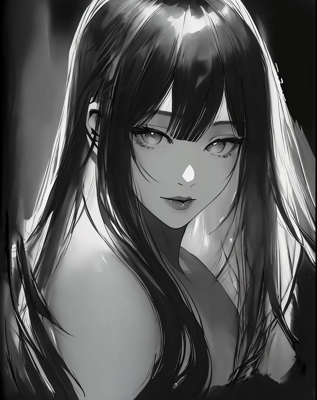 (masterpiece:1,2), best quality, masterpiece, highres, original, extremely detailed wallpaper, perfect lighting,geisha, kimono,Bare shoulder,tattoo,(((Black and white))),Extreme detail,solo,lustful eyes,look up,Glowing eyes,byobu,moon,Black hair,petal,sexy,open legs,nude,