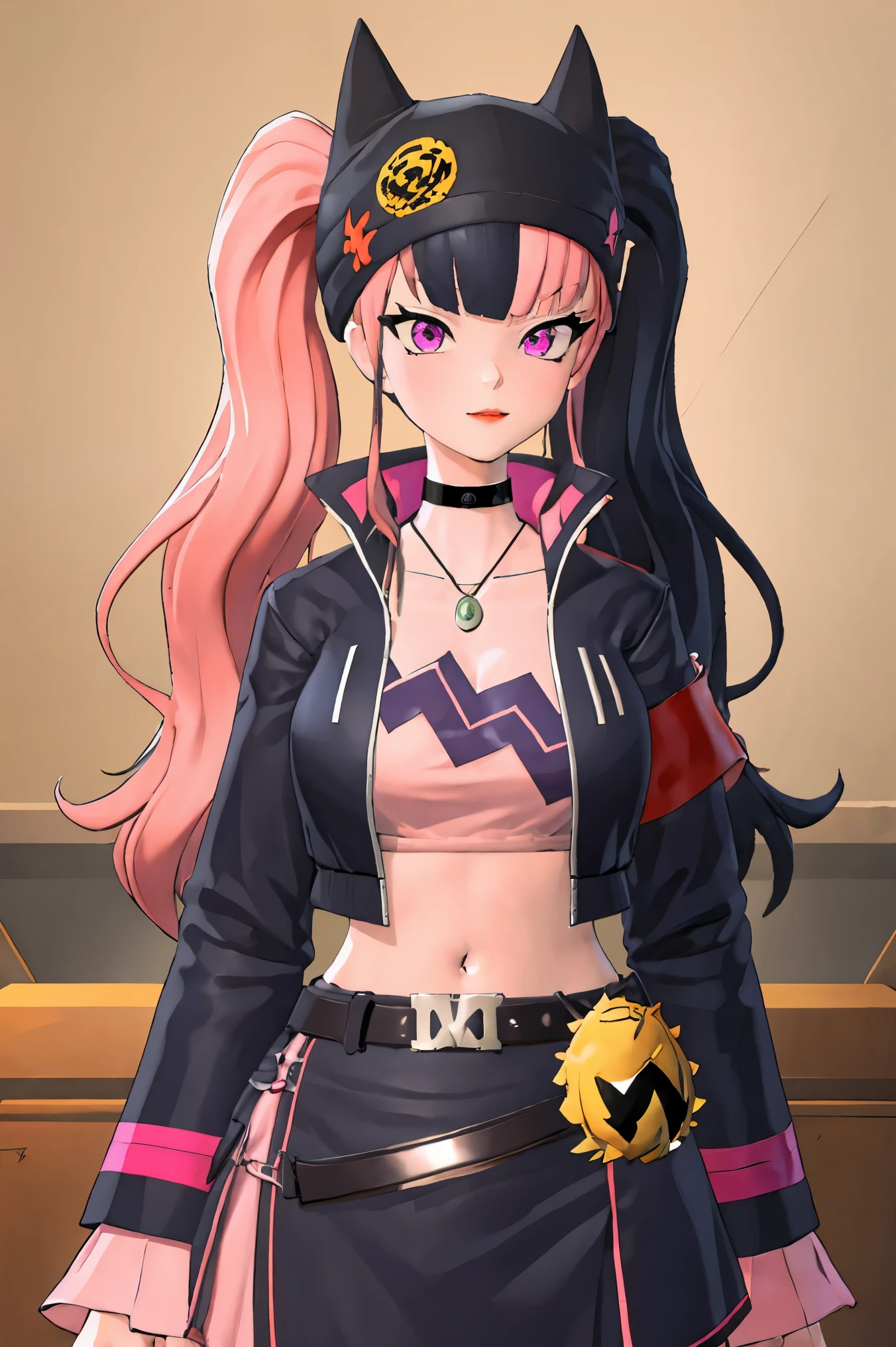 masterpiece, best quality,ZOE,1girl,jacket,multicolored hair,twintails,solo,black hair,black belt,black jacket,pink eyes,belt,hat,pink hair,choker,black choker,looking at viewer,crop top,jewelry,breasts,necklace,bangs,long hair,black headwear