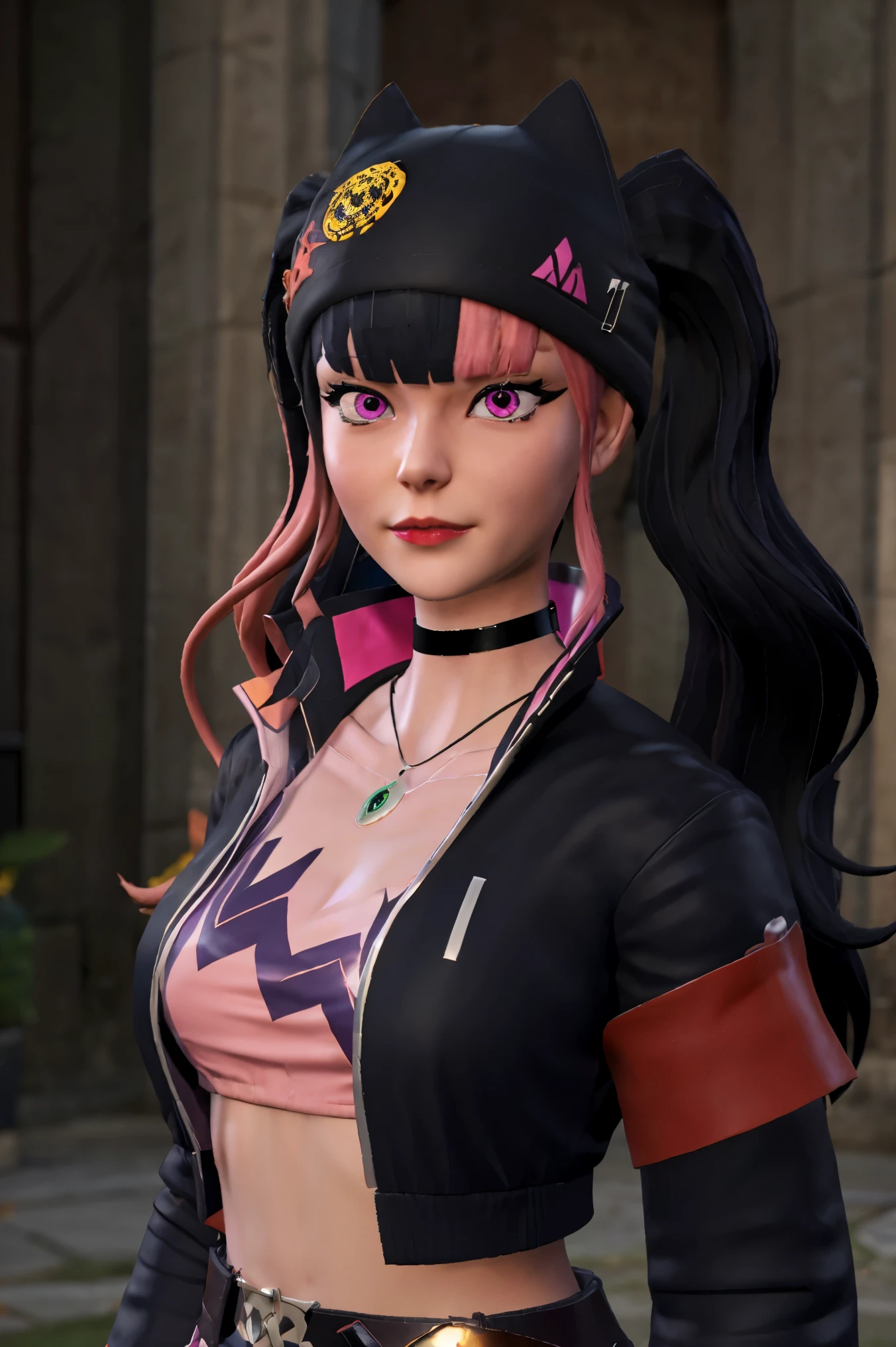 masterpiece, best quality,ZOE,1girl,jacket,multicolored hair,twintails,solo,black hair,black belt,black jacket,pink eyes,belt,hat,pink hair,choker,black choker,looking at viewer,crop top,jewelry,breasts,necklace,bangs,long hair,black headwear