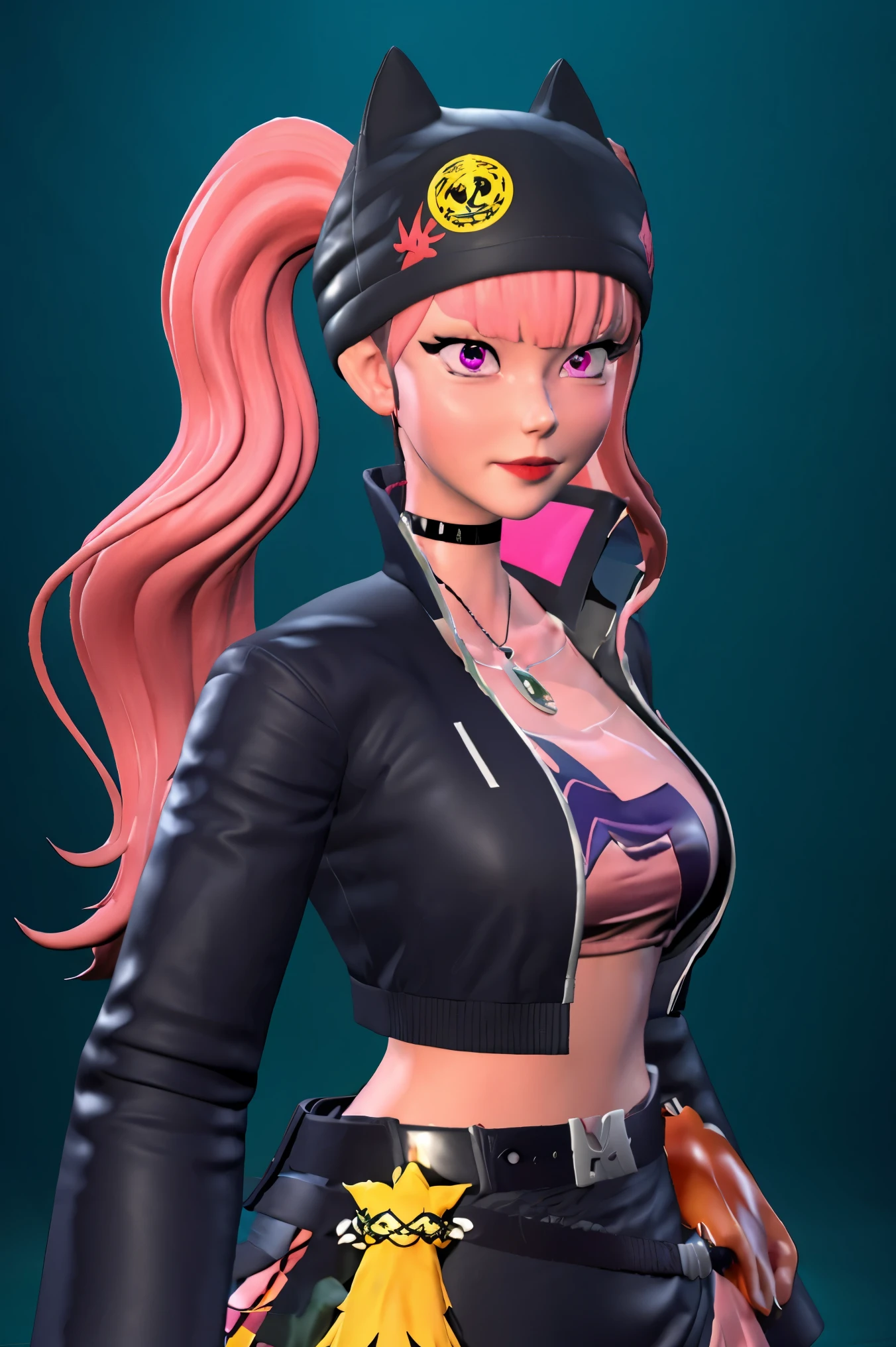 masterpiece, best quality,ZOE,1girl,jacket,multicolored hair,twintails,solo,black hair,black belt,black jacket,pink eyes,belt,hat,pink hair,choker,black choker,looking at viewer,crop top,jewelry,breasts,necklace,bangs,long hair,black headwear