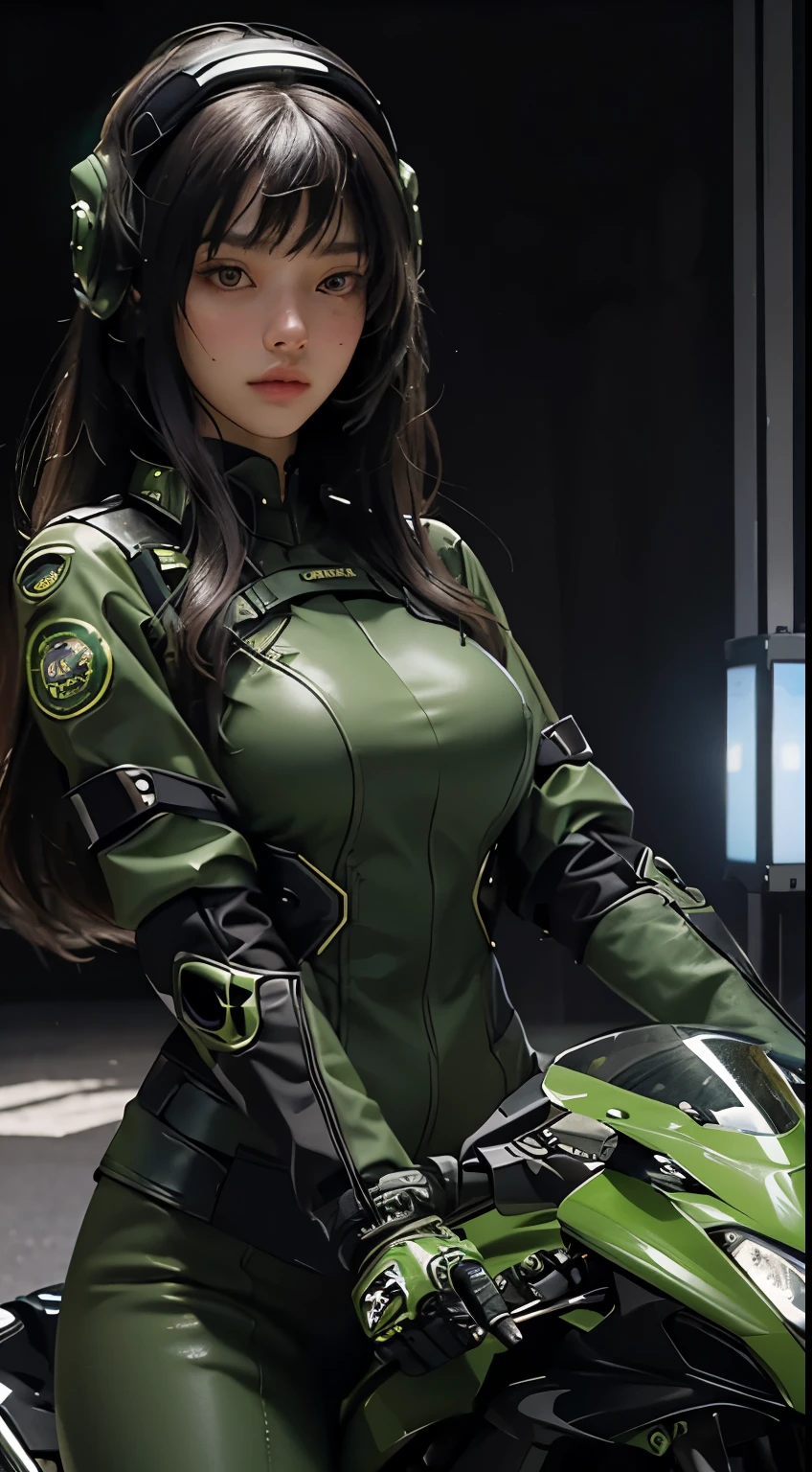 best image quality, excellent details, ultra high resolution, (realism: 1.4), best illustrations, Favor details, 1girl concentrated in high concentration, With a delicate and beautiful face, Dressed in black and green mechs, Wearing a mecha helmet, holding a directional controller, Riding a motorcycle, the background is a high-tech lighting scene of the futuristic city.