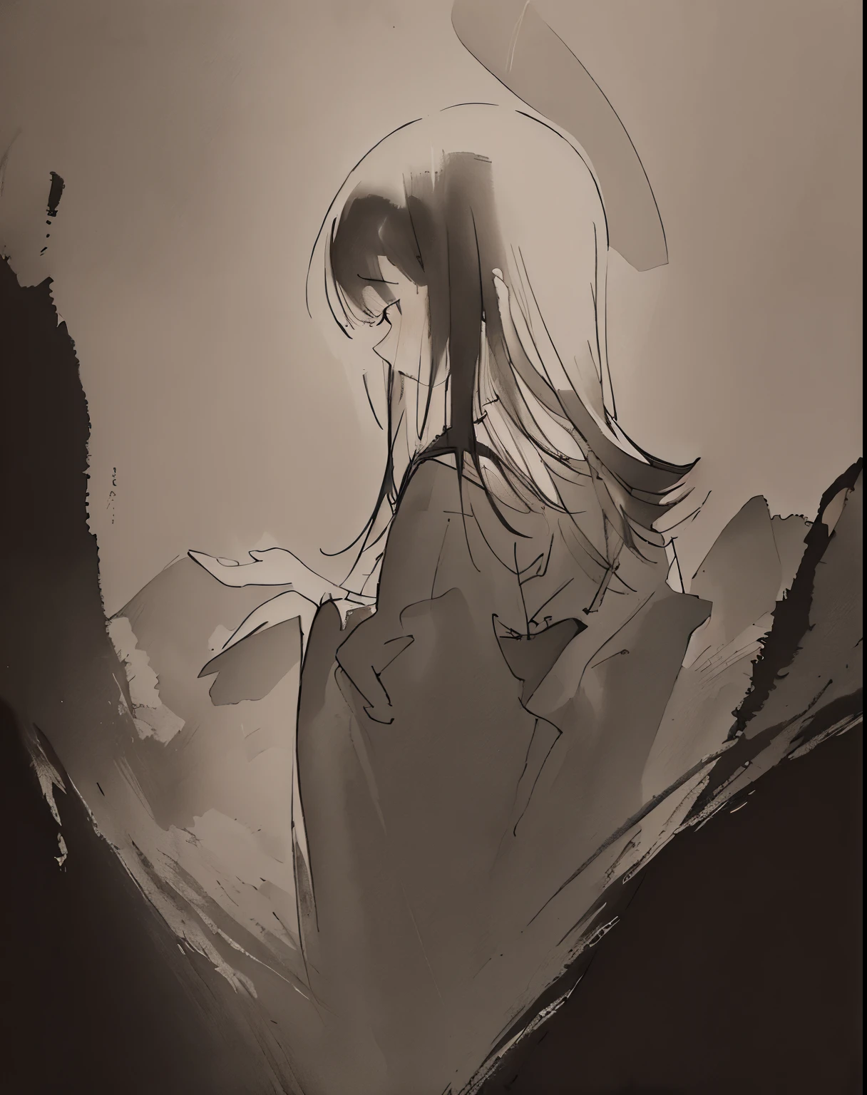 (best quality,highres,masterpiece:1.2),black and white,authenticity:1.1 (keyword),ultra-fine ink strokes:1.1 (keyword),precise lines,delicate shading,chiaroscuro,subtle texture,ink wash,paper-like texture,ink smudges:1.1 (keyword),meticulous details,realistic rendering,traditional Japanese style,dynamic brushwork,contemplative expression,tranquil setting,subdued lighting,ethereal atmosphere,simplified background,traditional calligraphy,masterful craftsmanship,spiritual symbolism,sublime beauty,elegant composition,temporal and spatial ambiguity