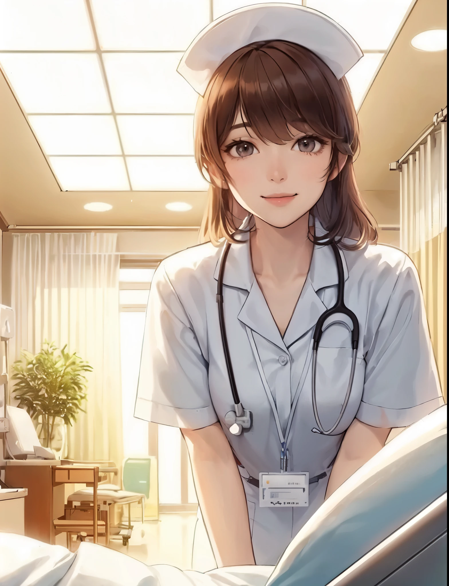 1lady solo, (looking down), (from below), (standing by patient's bed), healthcare worker, (nurse uniform), mature female, /(brown hair/) bangs, kind smile, (masterpiece best quality:1.2) delicate illustration ultra-detailed, large breasts BREAK (hospital room) indoors, (bright white ceiling:1.2), (perspective from bed:1.2), detailed background