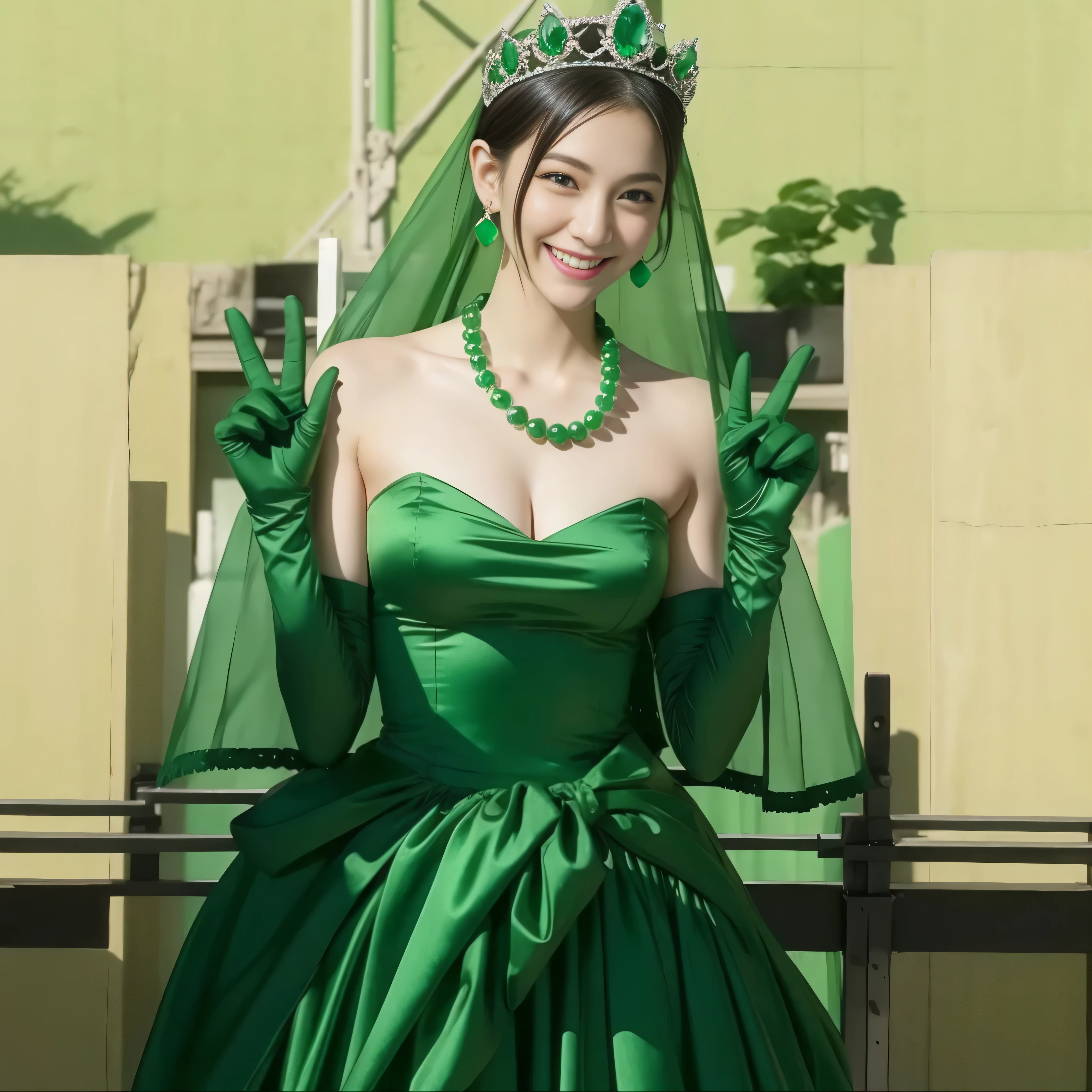 emerald tiara, green pearl necklace, boyish very short green hair, lipstick, smiling Japanese woman, very short hair, big breasts beautiful, green eyes, Long Green Satin Gloves, green eyes, V sign, emerald earrings, green veil
