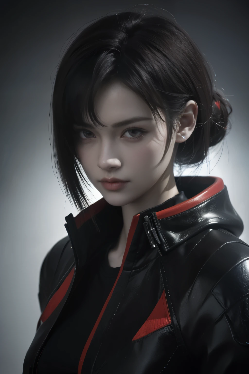 Game art，The best picture quality，Highest resolution，8K，(A bust photograph)，(Portrait)，(Head close-up:1.5)，(Rule of thirds)，Unreal Engine 5 rendering works， (The Girl of the Future)，(Female Warrior)， 22岁少女，(Female hackers)，(White and red gradient，Ancient Oriental hairstyle)，((The pupils of the red eyes:1.3))，(A beautiful eye full of detail)，(Big breasts)，(Eye shadow)，优雅迷人，冷漠，((Anger))，(Cyberpunk jacket full of futuristic look，Joint Armor，There are exquisite Chinese patterns on the clothes，A flash of jewellery)，赛博朋克人物，未来风格， 拍照姿势，城市背景，Movie lights，Ray tracing，Game CG，((3D Unreal Engine))，oc渲染反射纹