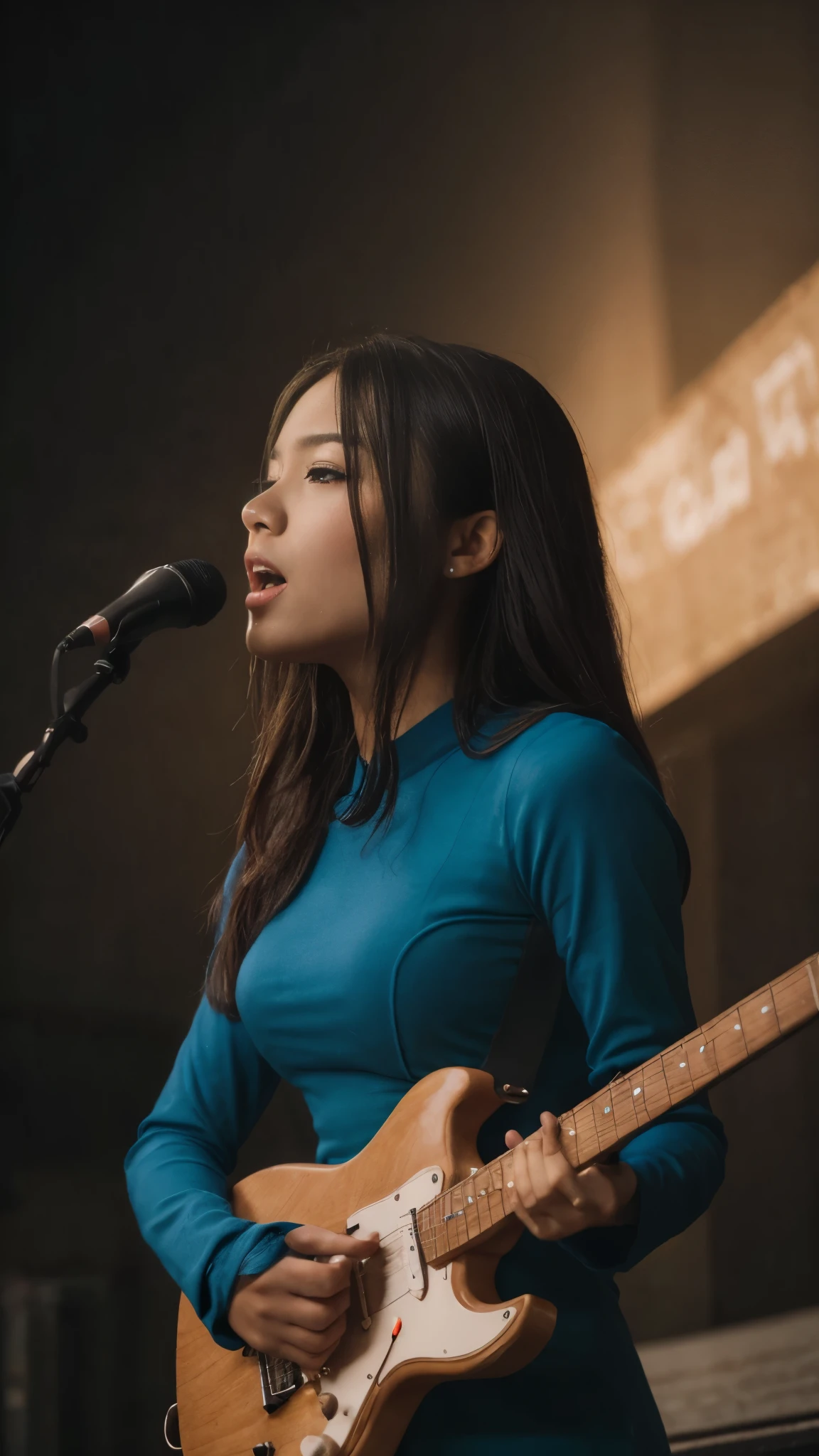Young malay women in baju kurung with long spiky colorful mohawk hair singing rock song and playing electric guitar in waste disposal site, night, serious face, nighttime, in school of rock movie style, hyper - realistic photography, dramatic effect, smoke effect in background, dark color grading, full body, 8k, close - up shot, extreme close - up photo