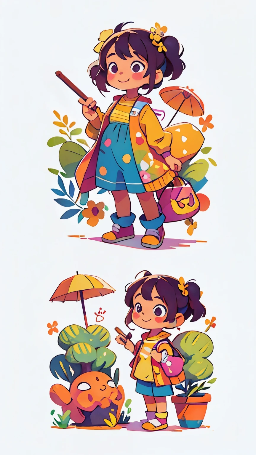 Three-view drawing generates three views, i.e. front view,side and back view,vector art, Colorful doodle illustration, Cute cheerful little girl with umbrella, Located in the center, Vibrant colors, Paint splashes and stains, Adobe Illustrator, high detail, White background
