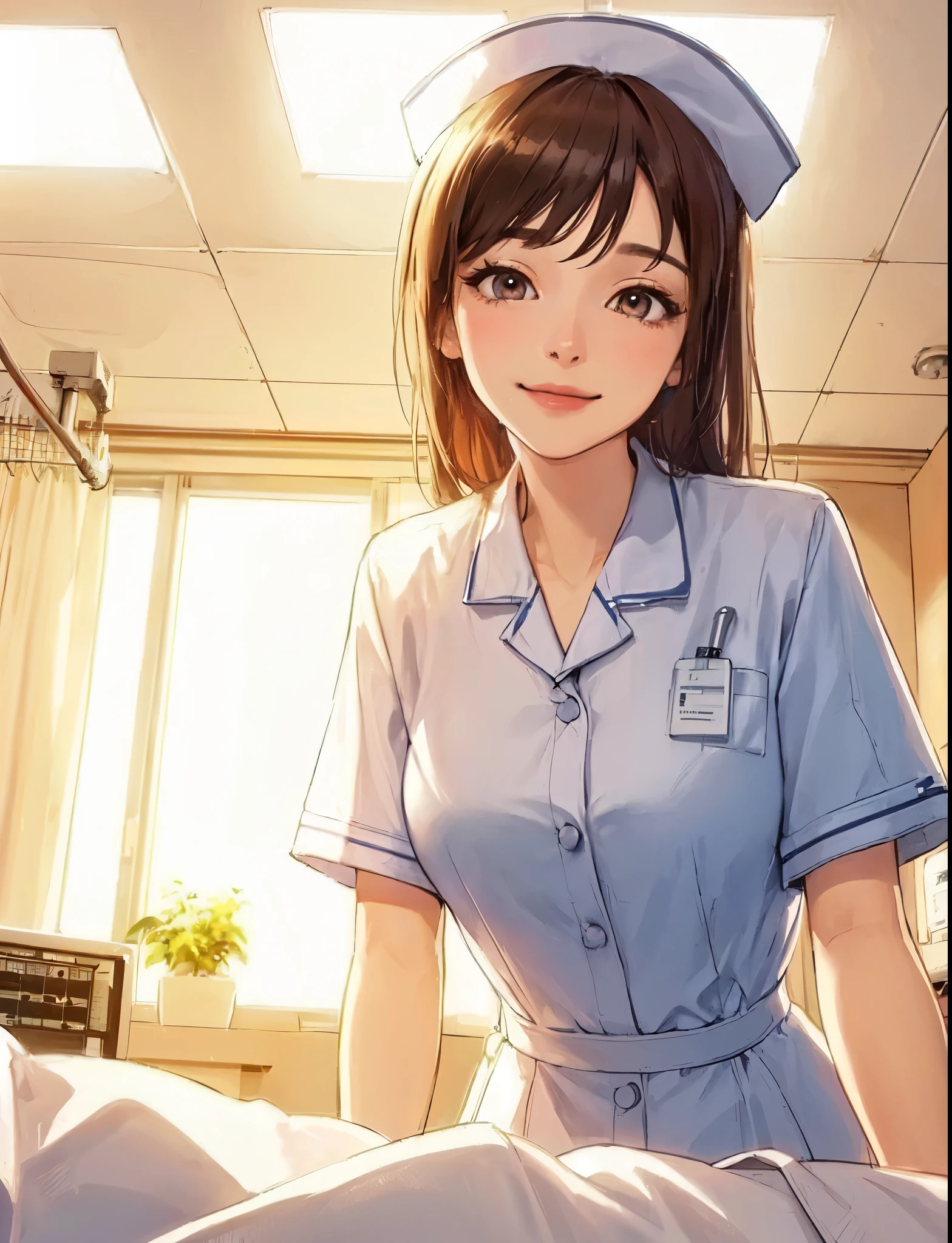 1lady solo, (looking down), (from below), (standing by patient's bed), healthcare worker, (nurse uniform), mature female, /(brown hair/) bangs, kind smile, (masterpiece best quality:1.2) delicate illustration ultra-detailed, large breasts BREAK (hospital room) indoors, (bright white ceiling:1.2), (perspective from bed:1.2), detailed background