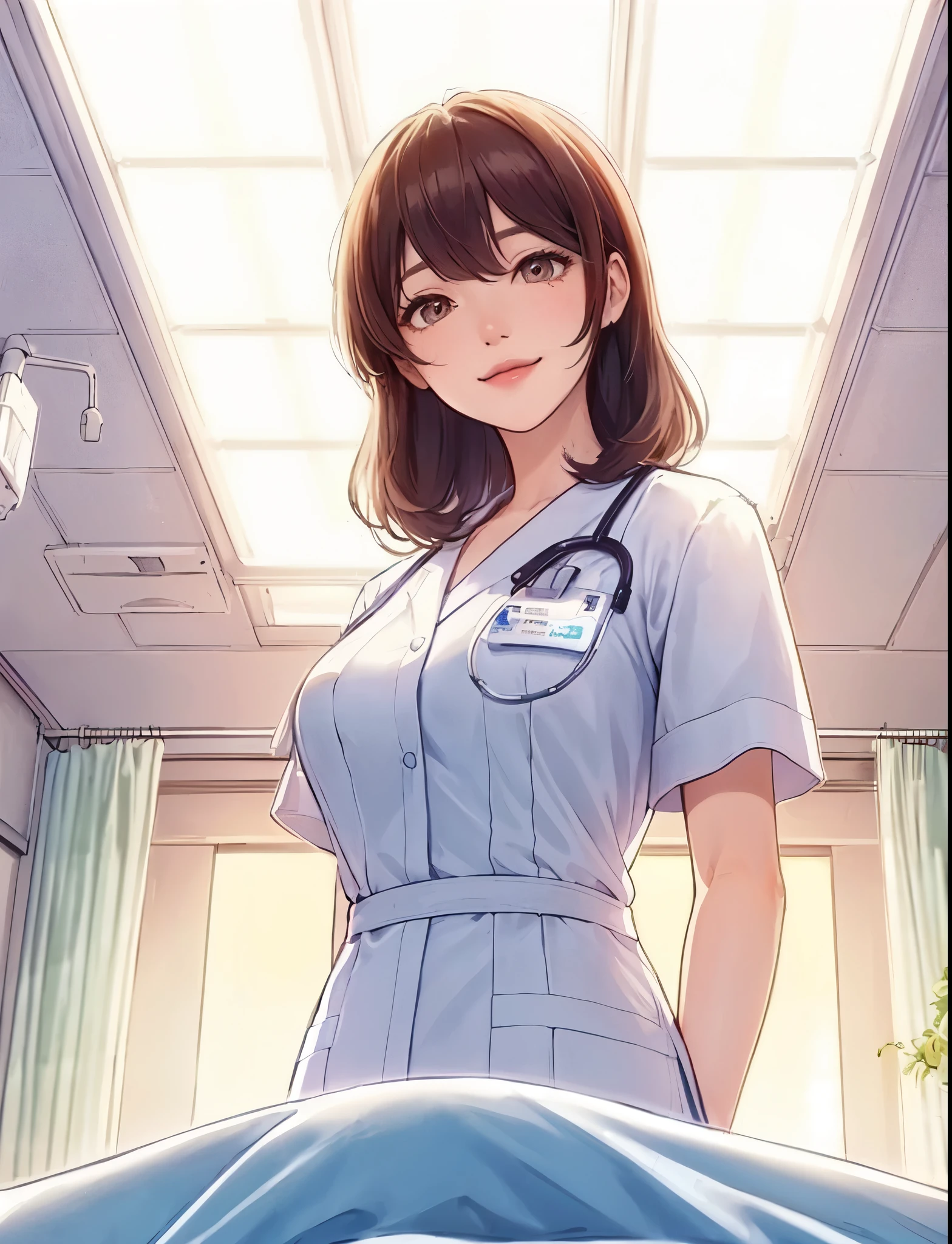 1 Female, alone, nurse, nurse cap, White, ((White legwear, zettai ryouiki)), White gloves, Long Hair, Purple Hair, Red eyes, Pink Lips, smile, Are standing, ((Hospital room)), Sharp contours, Short sleeve, Mature Woman, Age 35, highest quality, masterpiece