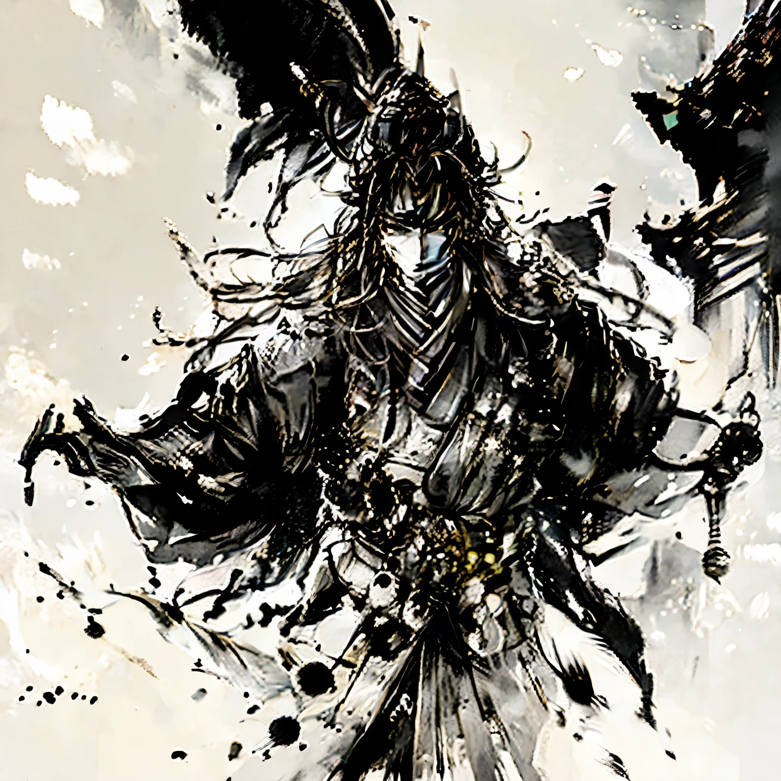 B/W,In the center of the image stands a samurai, a symbol of honor and bravery in history. Dressed in traditional attire, the samurai wears a flowing black and red kimono,and a layered hakama over his left shoulder. The intricate pattern and texture of the kimono are exquisitely detailed, evoking the rich cultural heritage,In his hand, the samurai clasps a katana, the iconic sword that signifies both power and loyalty. The katana's blade shines in the moonlight, a testament to its craftsmanship and the skilled artisans who forged it, The image is set against a minimalist background, focusing all attention on the samurai. The use of watercolor techniques gives the entire scene a dreamy, ethereal quality. The brushstrokes are bold yet delicate, creating a sense of movement and drama,The samurai's face is inscrutable, his features cast in shadow. His eyes are unreadable, reflecting a deep sense of inner strength and resolve. His posture is  and confident, his stance unwavering,This image is a testament to the legacy of the samurai, their unwavering loyalty, and their unparalleled bravery. It is a snapshot of a time long past, a symbol of rich cultural heritage,completing the stable diffusion of serenity and contentment,masterpiece, best quality