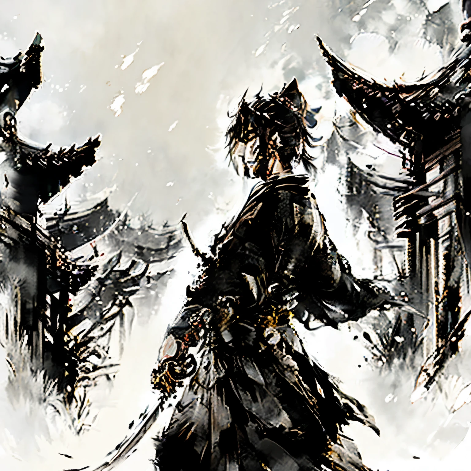 B/W,In the center of the image stands a samurai, a symbol of honor and bravery in history. Dressed in traditional attire, the samurai wears a flowing black and red kimono,and a layered hakama over his left shoulder. The intricate pattern and texture of the kimono are exquisitely detailed, evoking the rich cultural heritage,In his hand, the samurai clasps a katana, the iconic sword that signifies both power and loyalty. The katana's blade shines in the moonlight, a testament to its craftsmanship and the skilled artisans who forged it, The image is set against a minimalist background, focusing all attention on the samurai. The use of watercolor techniques gives the entire scene a dreamy, ethereal quality. The brushstrokes are bold yet delicate, creating a sense of movement and drama,The samurai's face is inscrutable, his features cast in shadow. His eyes are unreadable, reflecting a deep sense of inner strength and resolve. His posture is  and confident, his stance unwavering,This image is a testament to the legacy of the samurai, their unwavering loyalty, and their unparalleled bravery. It is a snapshot of a time long past, a symbol of rich cultural heritage,completing the stable diffusion of serenity and contentment,masterpiece, best quality