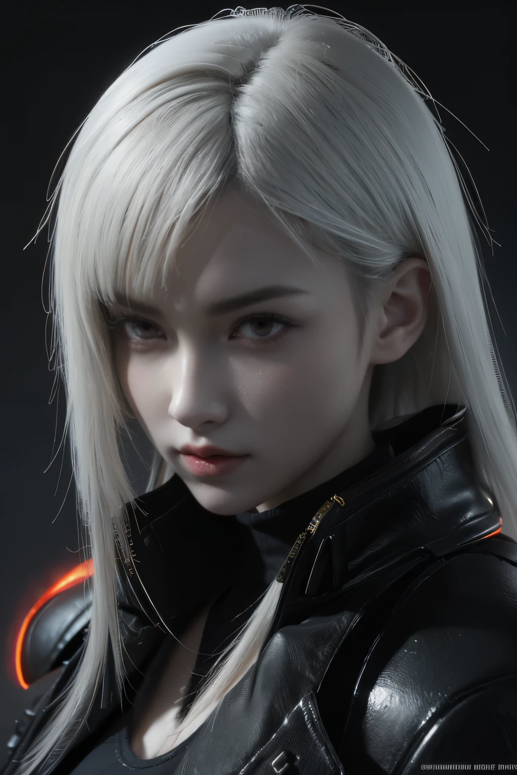 Game art，The best picture quality，Highest resolution，8K，(A bust photograph)，(Portrait)，(Head close-up:1.5)，(Rule of thirds)，Unreal Engine 5 rendering works， (The Girl of the Future)，(Female Warrior)， 22岁少女，(Female hackers)，(White and red gradient，Ancient Oriental hairstyle)，((The pupils of the red eyes:1.3))，(A beautiful eye full of detail)，(Big breasts)，(Eye shadow)，优雅迷人，冷漠，((Anger))，(Cyberpunk jacket full of futuristic look，Joint Armor，There are exquisite Chinese patterns on the clothes，A flash of jewellery)，赛博朋克人物，未来风格， 拍照姿势，城市背景，Movie lights，Ray tracing，Game CG，((3D Unreal Engine))，oc渲染反射纹